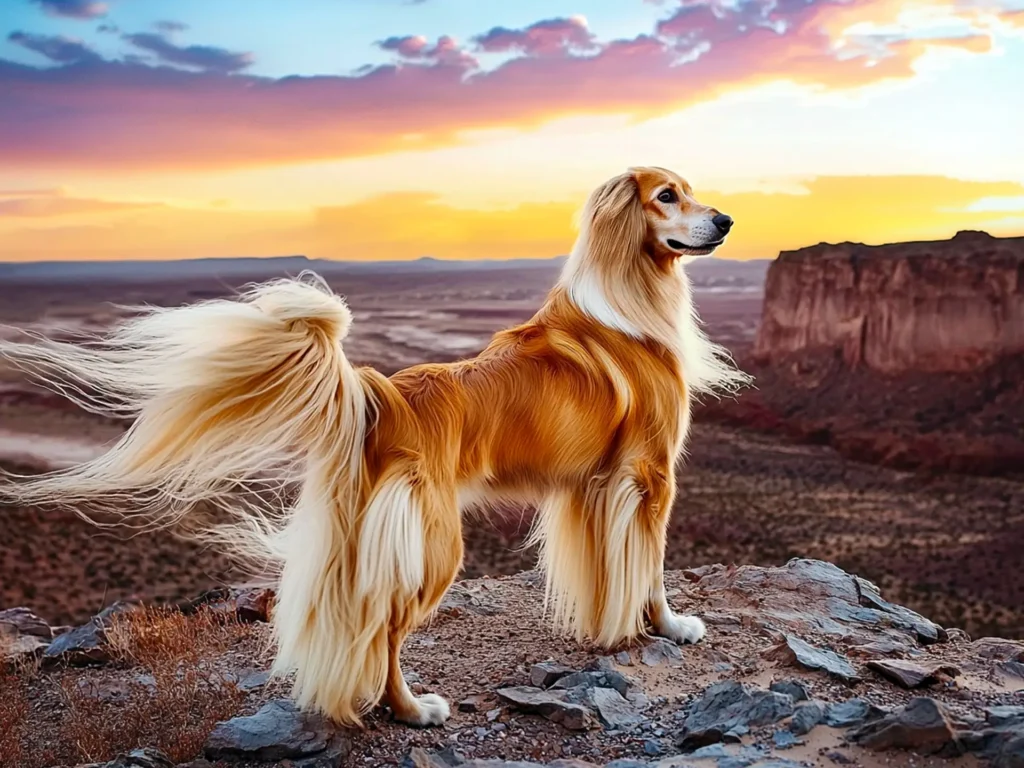 Afghan Hound standing on a rocky hilltop, showcasing wolf-like traits with a narrow face, almond-shaped eyes, and flowing silky coat in a desert setting at twilight.