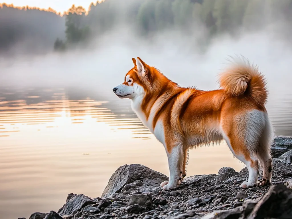 Akita Inu standing on a rocky shoreline at sunrise, highlighting wolf-like traits with a thick red-fawn coat, triangular ears, and a strong, alert stance.