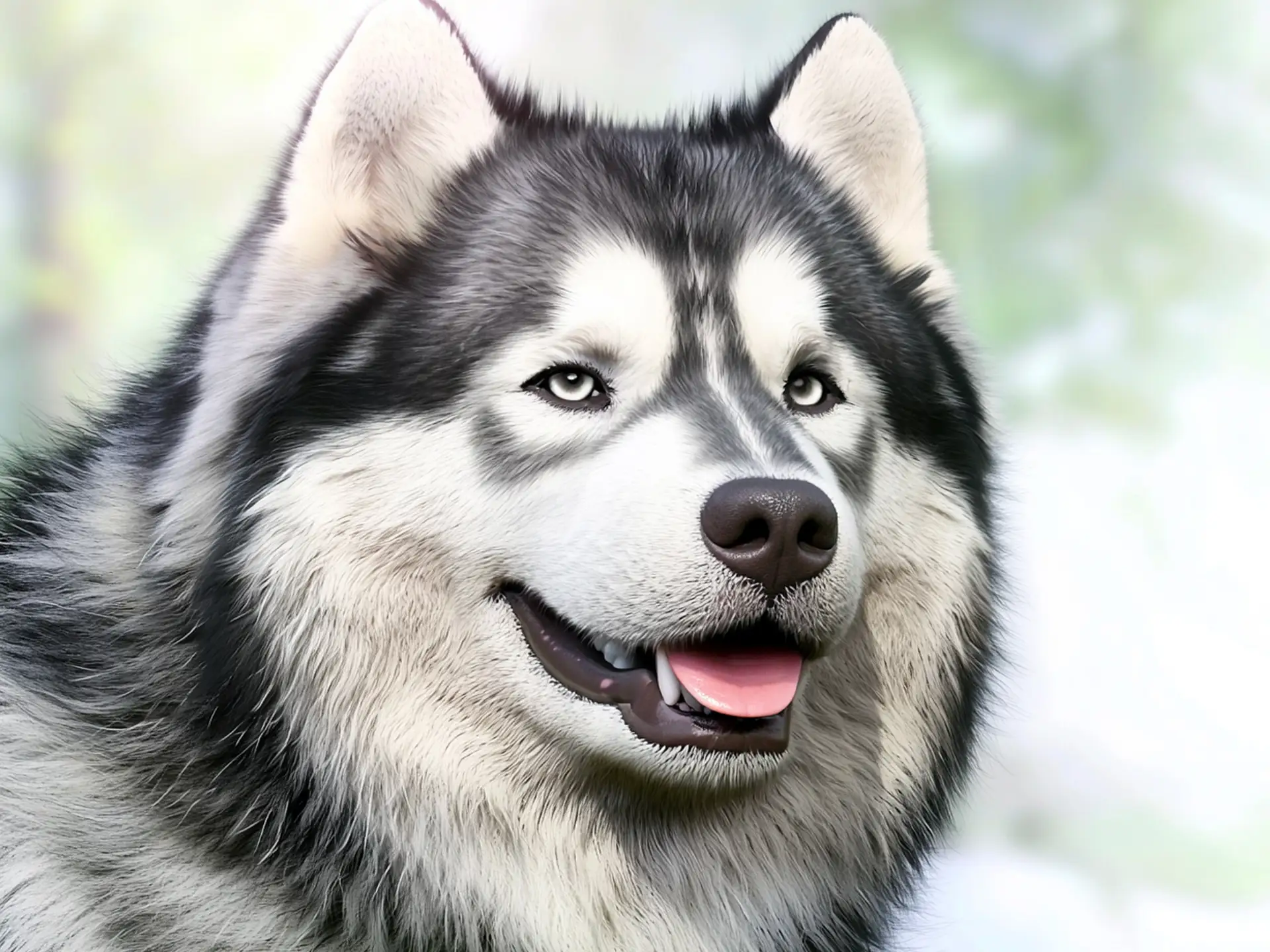 Close-up of an Alaskan Malamute with a thick black and white coat and friendly expression, outdoors