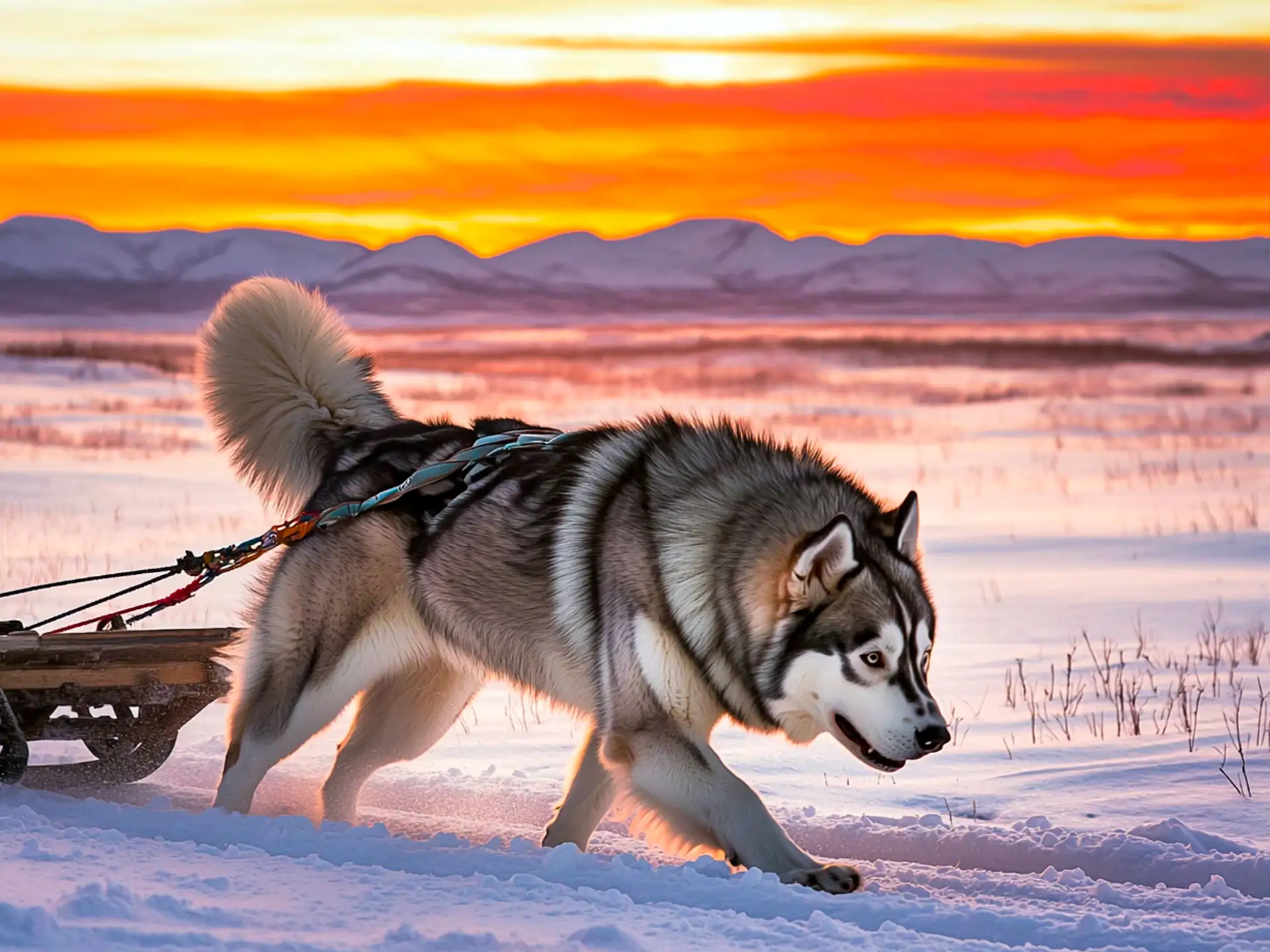 Alaskan Malamute pulling a heavy sled across a snowy tundra, showcasing its powerful build, thick coat, and determined stance against a vibrant sunset backdrop.