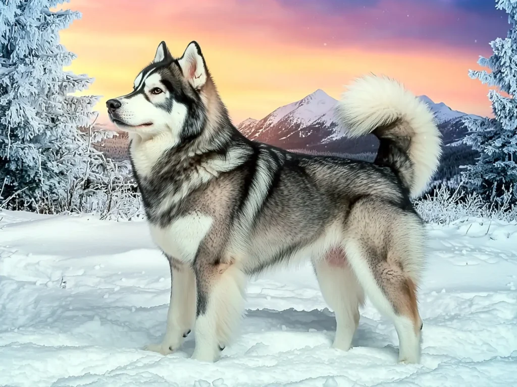 Alaskan Malamute standing in a snowy tundra, showcasing wolf-like traits with its dense coat, triangular ears, and broad face under a twilight sky.