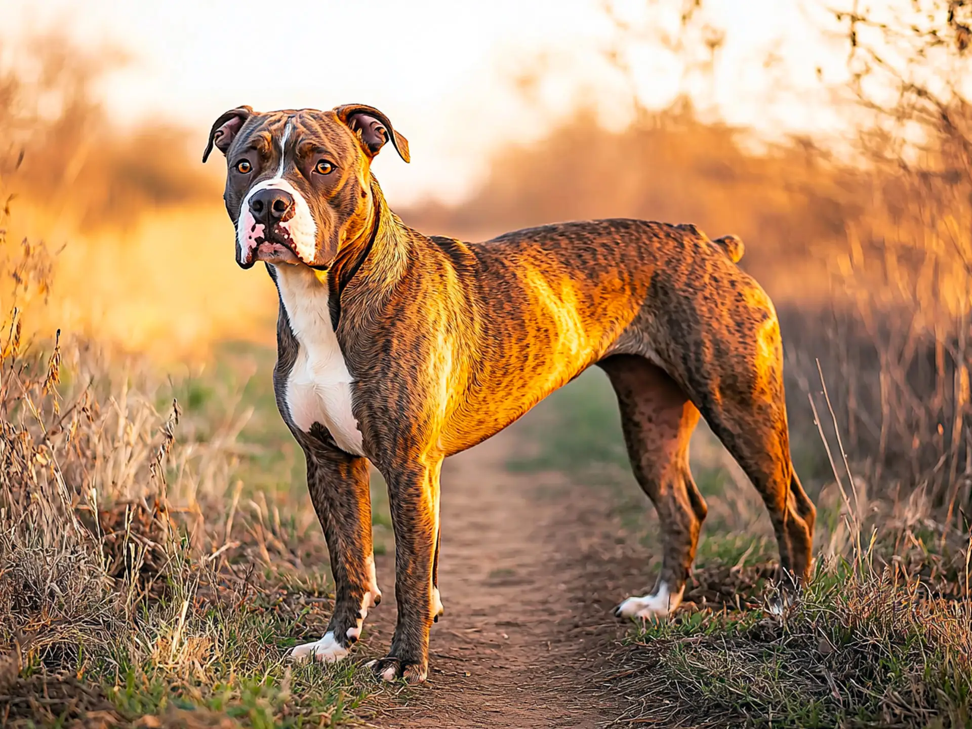 American Pit Bull Terrier standing on a dirt trail, showcasing its muscular build, broad chest, and focused stance in an open field at sunset.