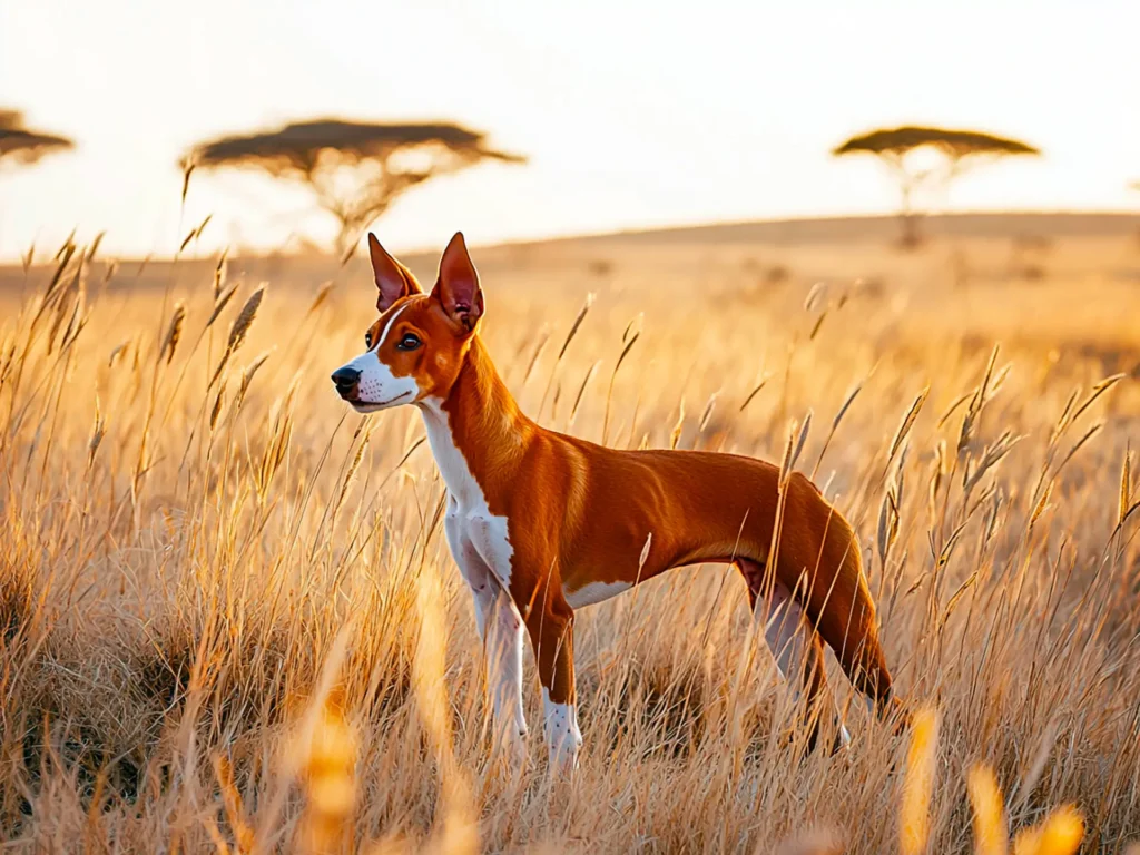 Basenji standing on a sunlit savanna, showcasing wolf-like traits with its pointed ears, almond-shaped eyes, and lean, muscular build in an African setting.