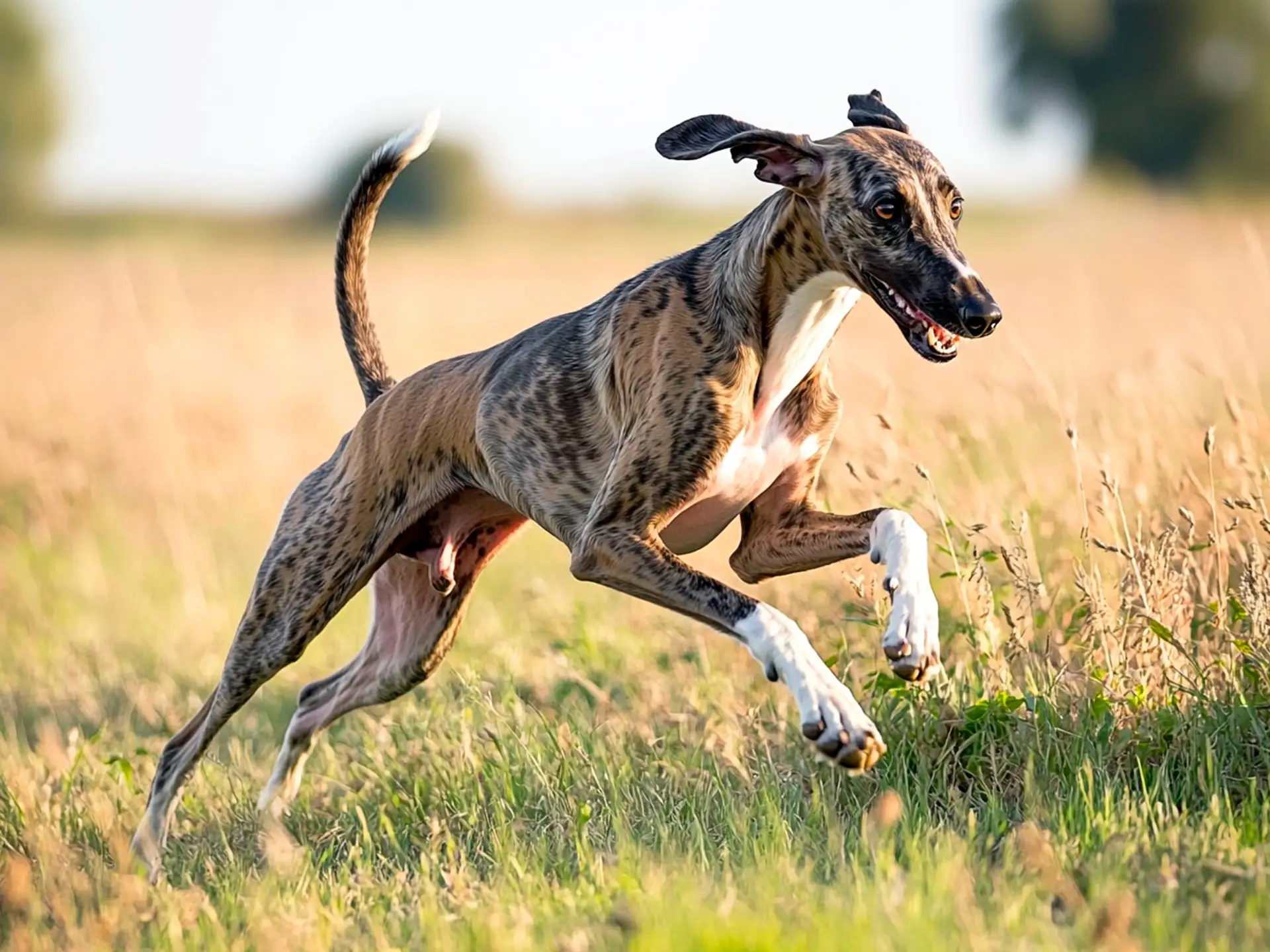 Light beige Whippet looking alert in a sunny outdoor setting