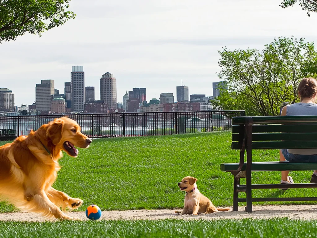 The best dog parks in Boston featuring a golden retriever playing fetch, a small dog relaxing under a shaded bench, and the Boston skyline in the background.