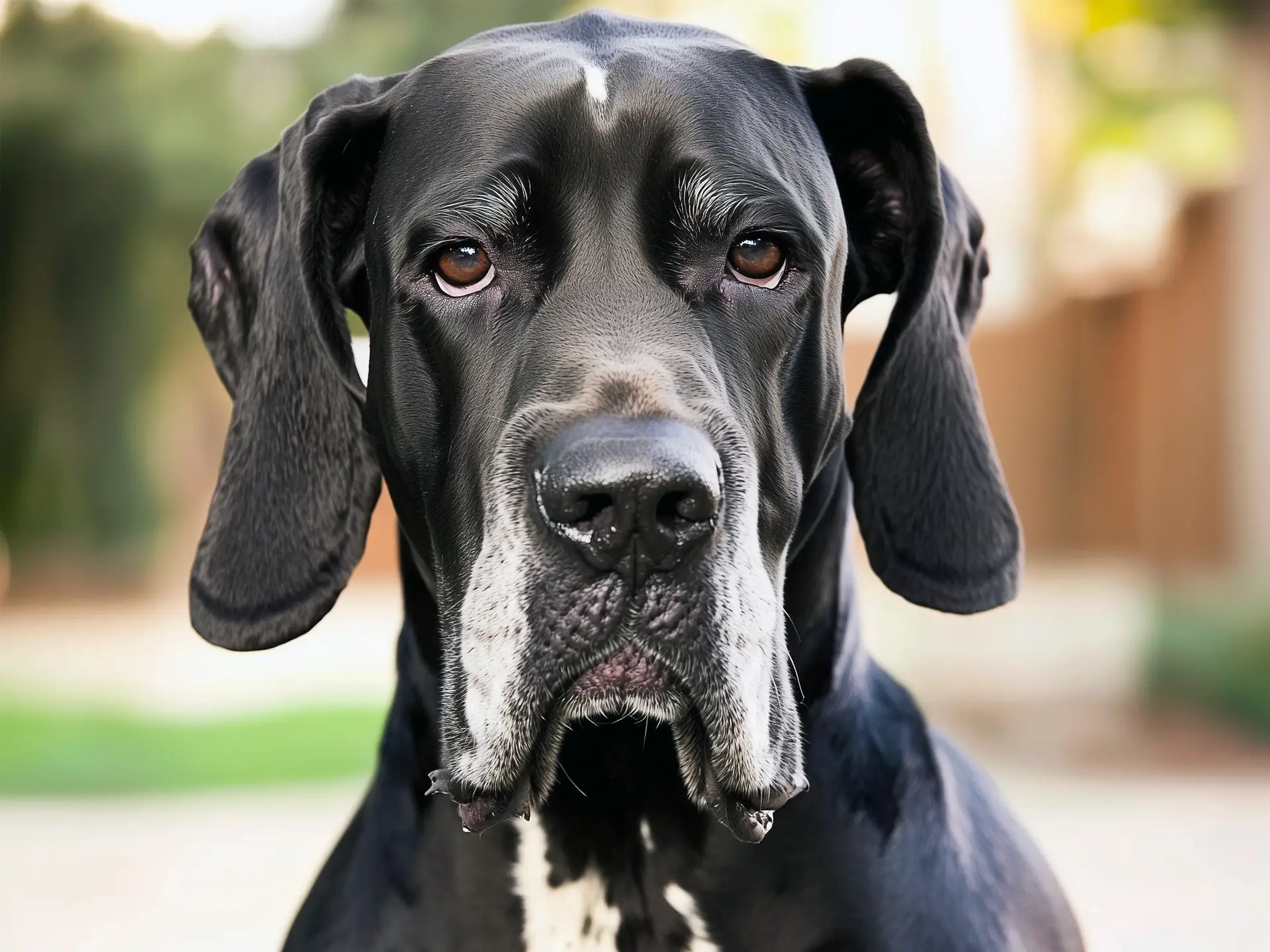 Close-up portrait of a black Great Dane with expressive eyes and a gentle demeanor, emphasizing its distinguished appearance