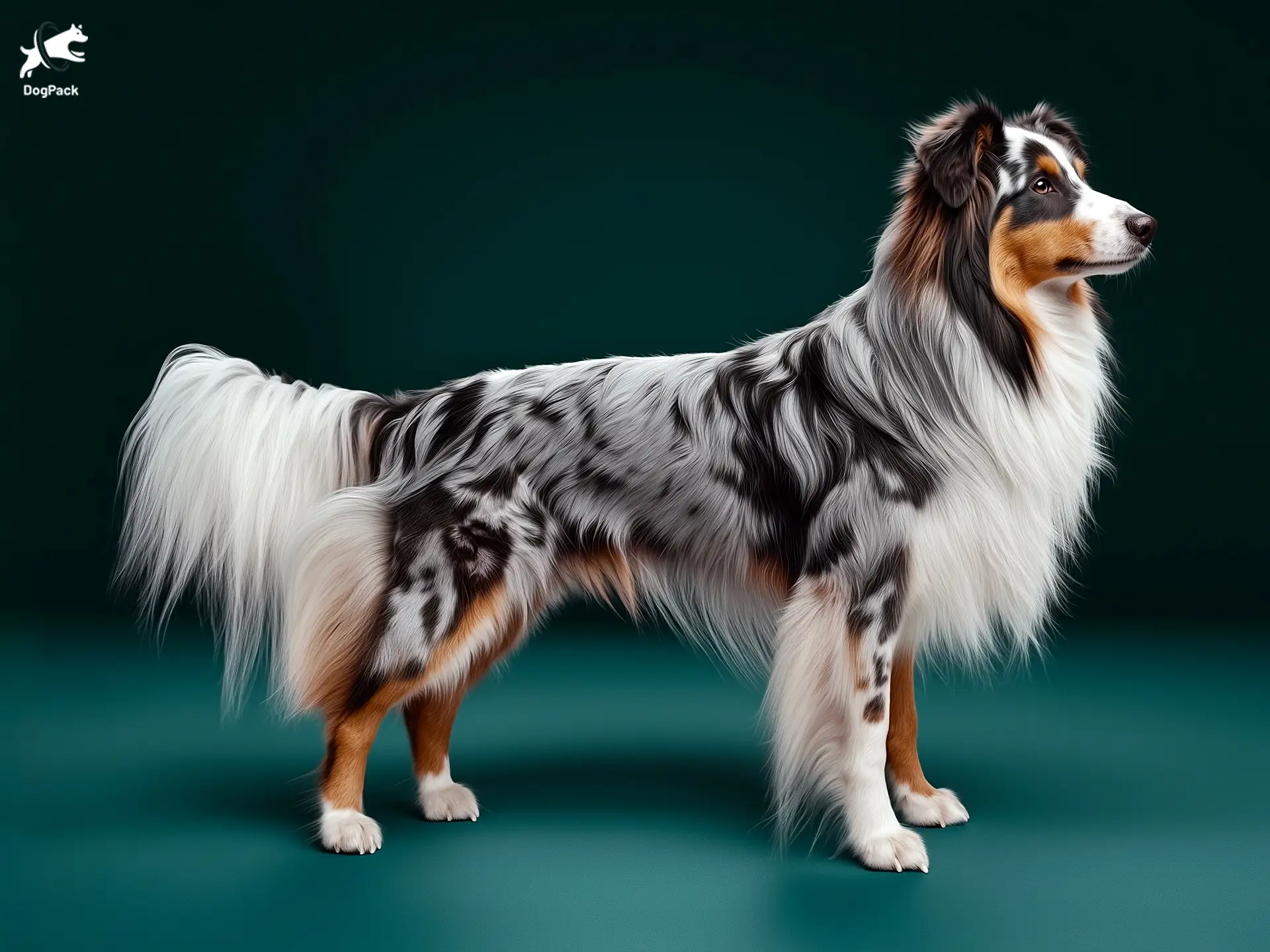 A blue merle Rough Collie with a long, flowing coat, standing in profile on a dark cyan background