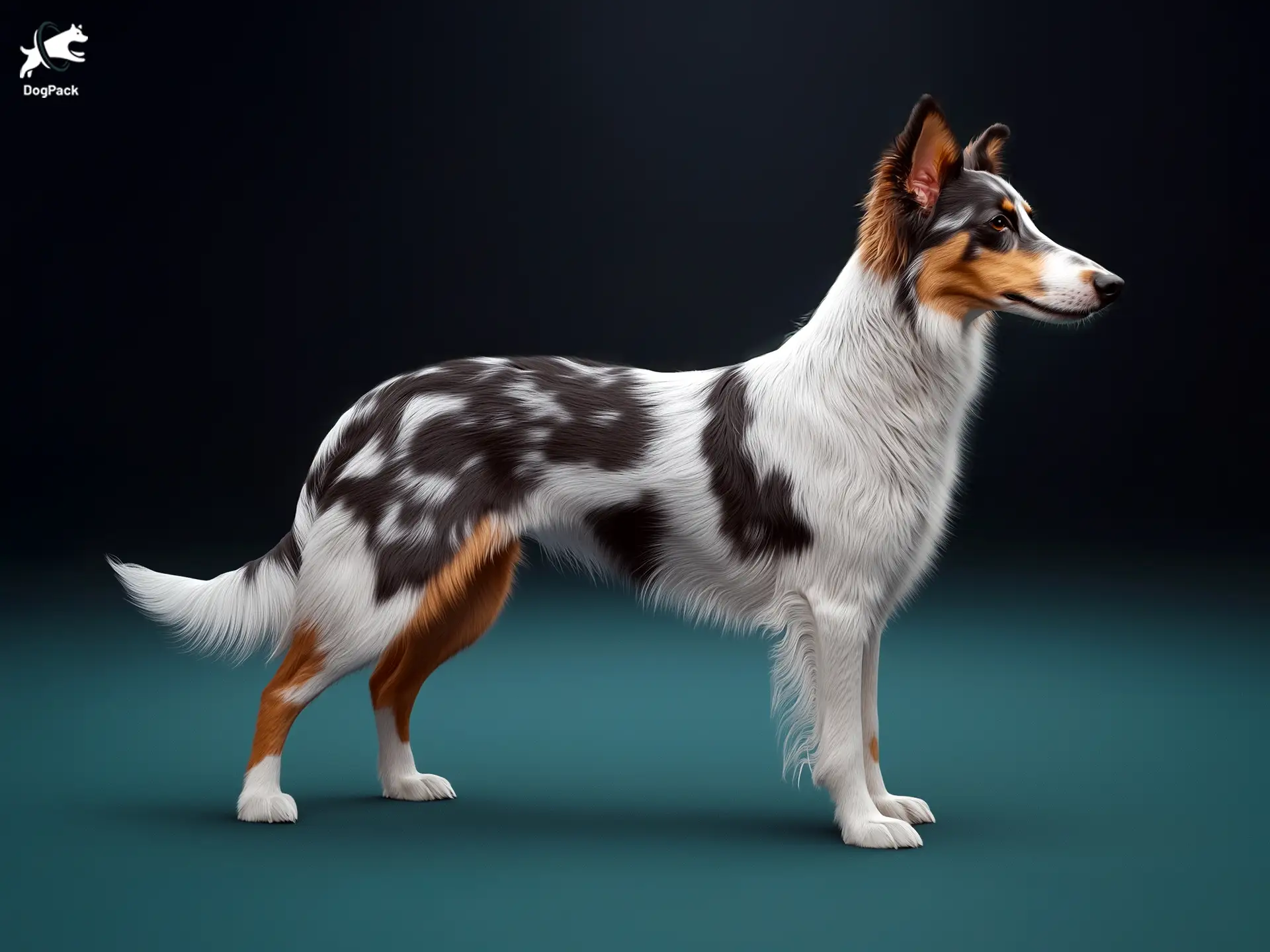 A side profile of a blue merle Smooth Collie with a unique coat pattern, standing on a dark cyan background.