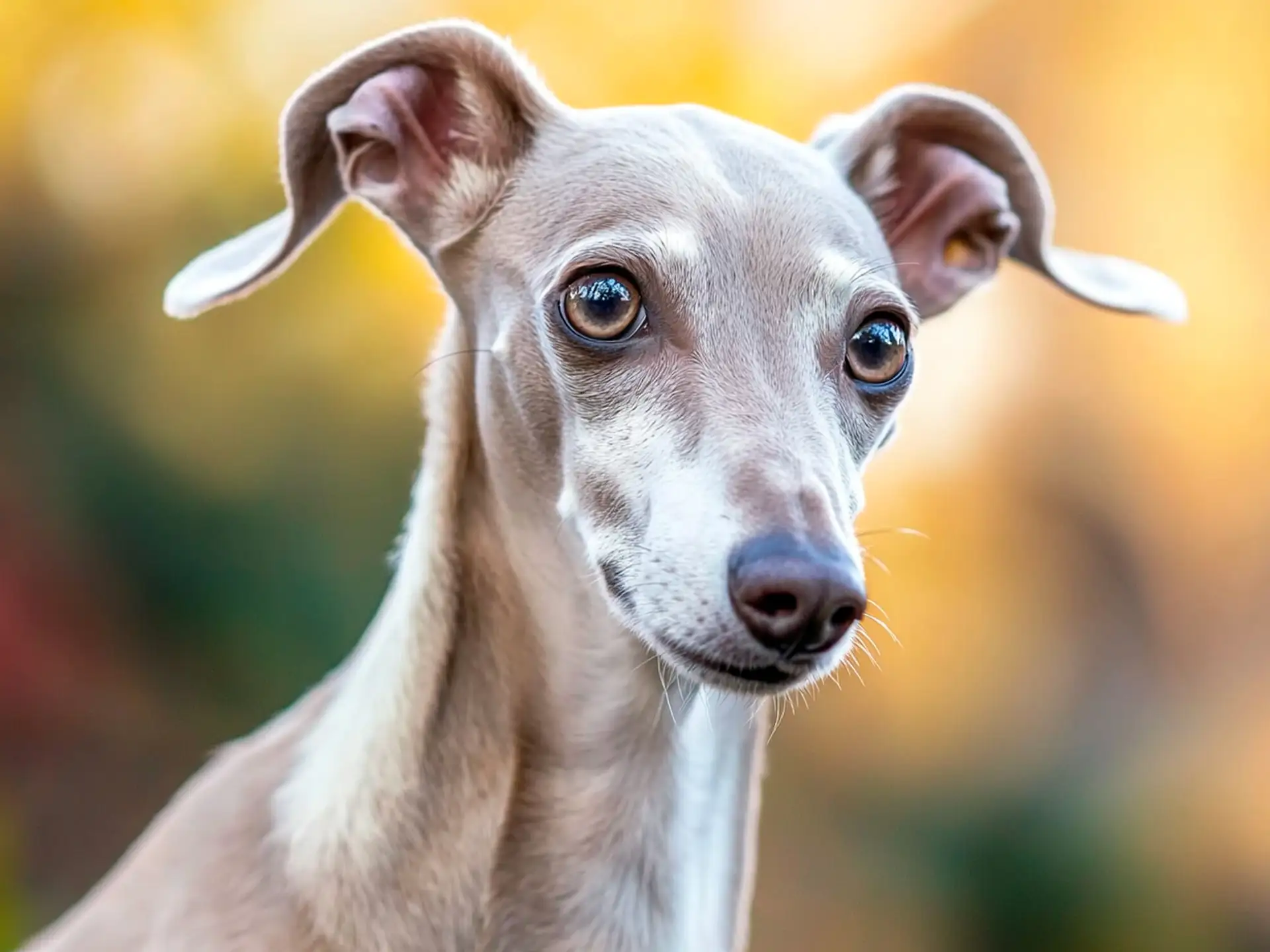 Whippet with a brindle coat running energetically in a grassy field