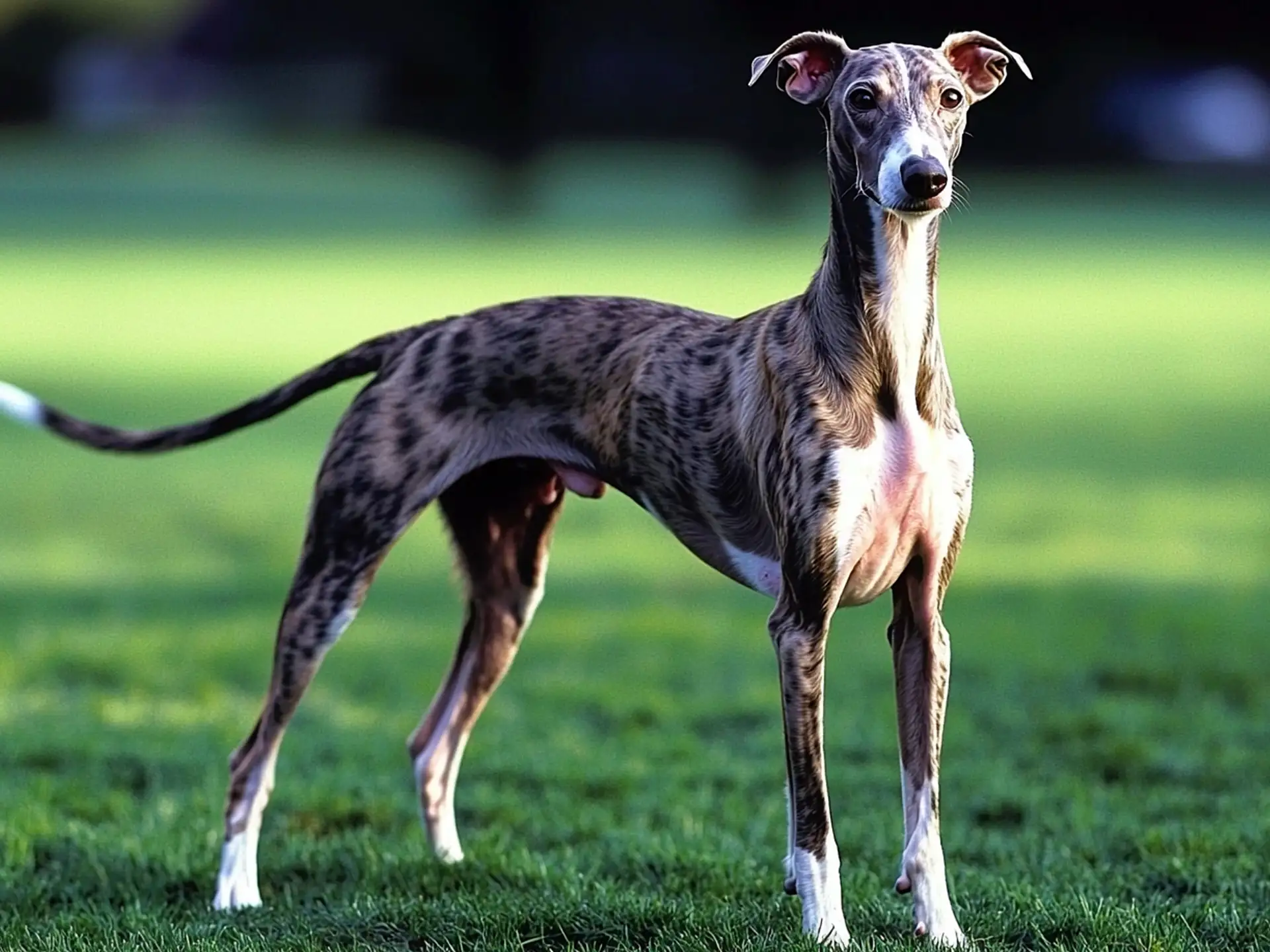 Brindle Whippet standing gracefully on green grass