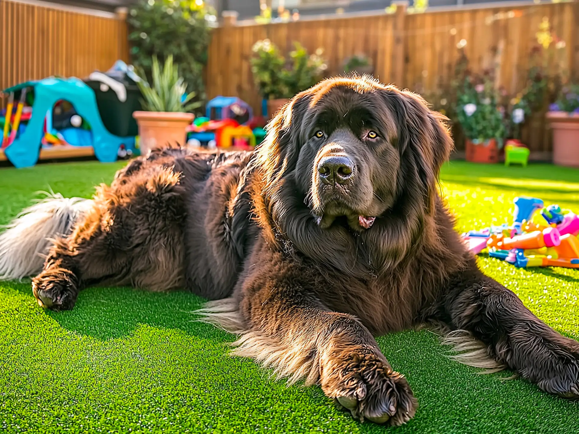 Brown Newfoundland dog lounging on artificial grass in a backyard with colorful toys