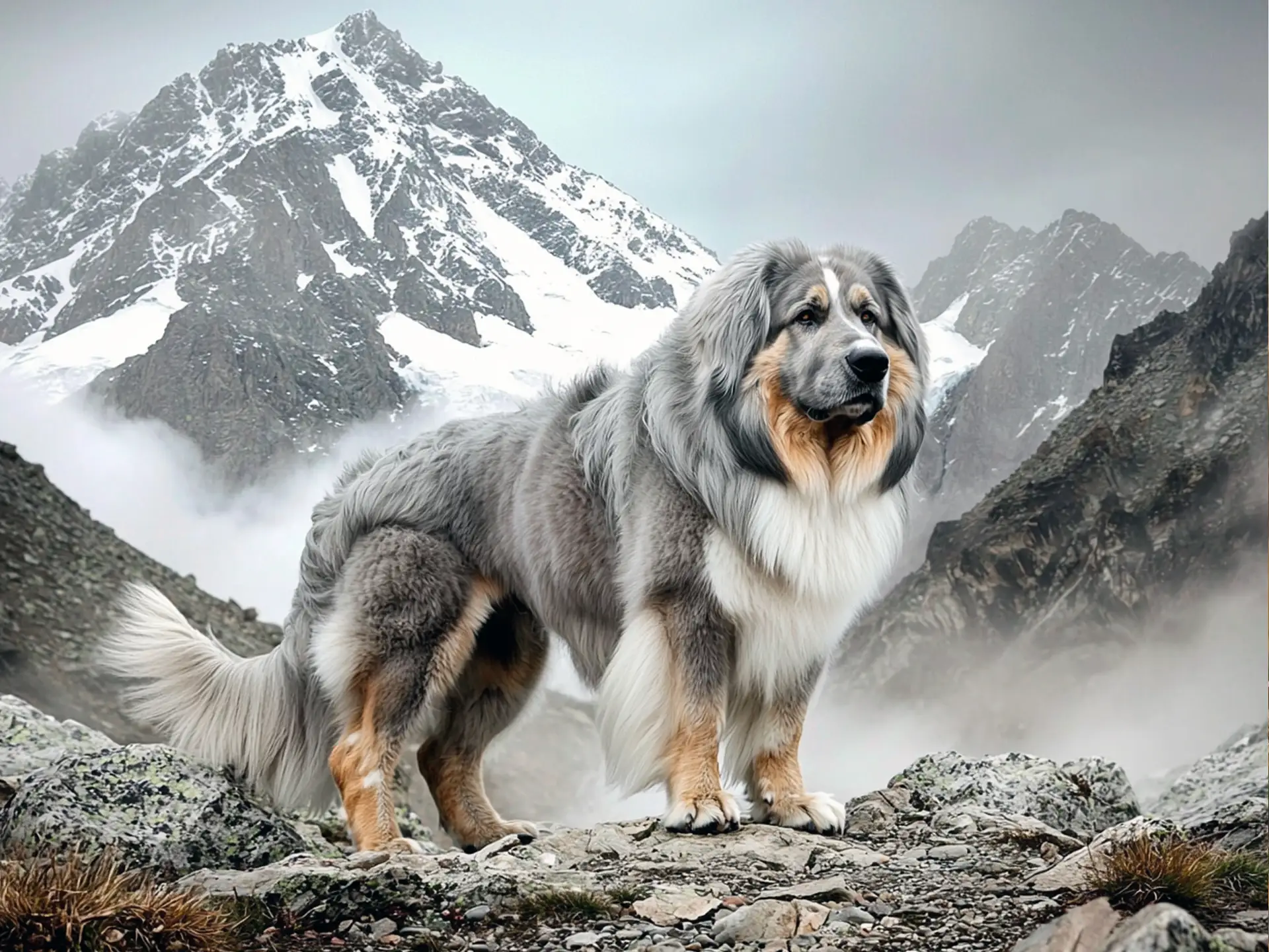 Caucasian Shepherd Dog standing on a mountain trail, showcasing its massive build, dense coat, and powerful stance against a dramatic dusk sky.