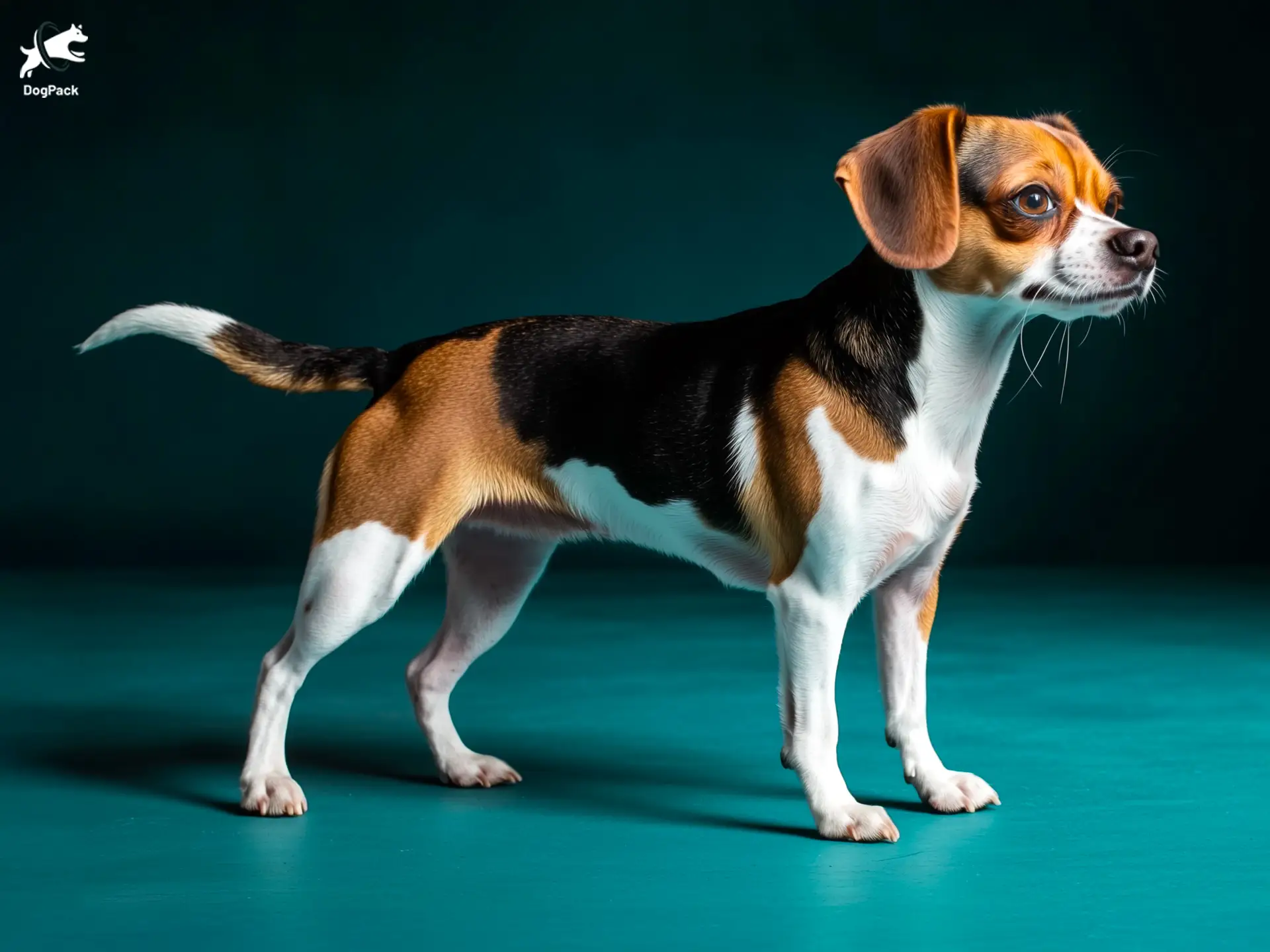 Cheagle dog breed full body view standing against green background