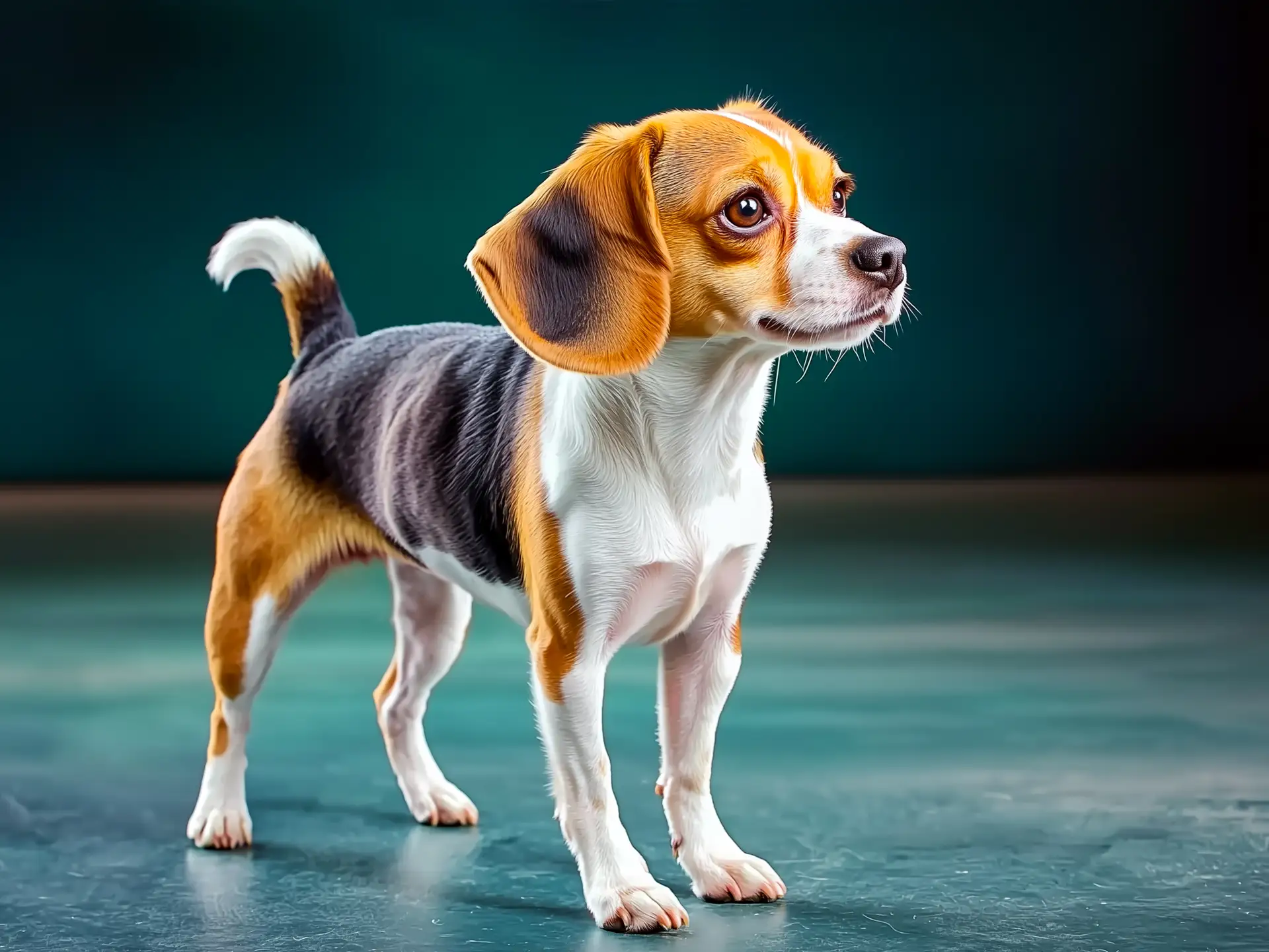 Cheagle dog standing alertly with a curious expression, showing its tricolor coat and beagle-like features