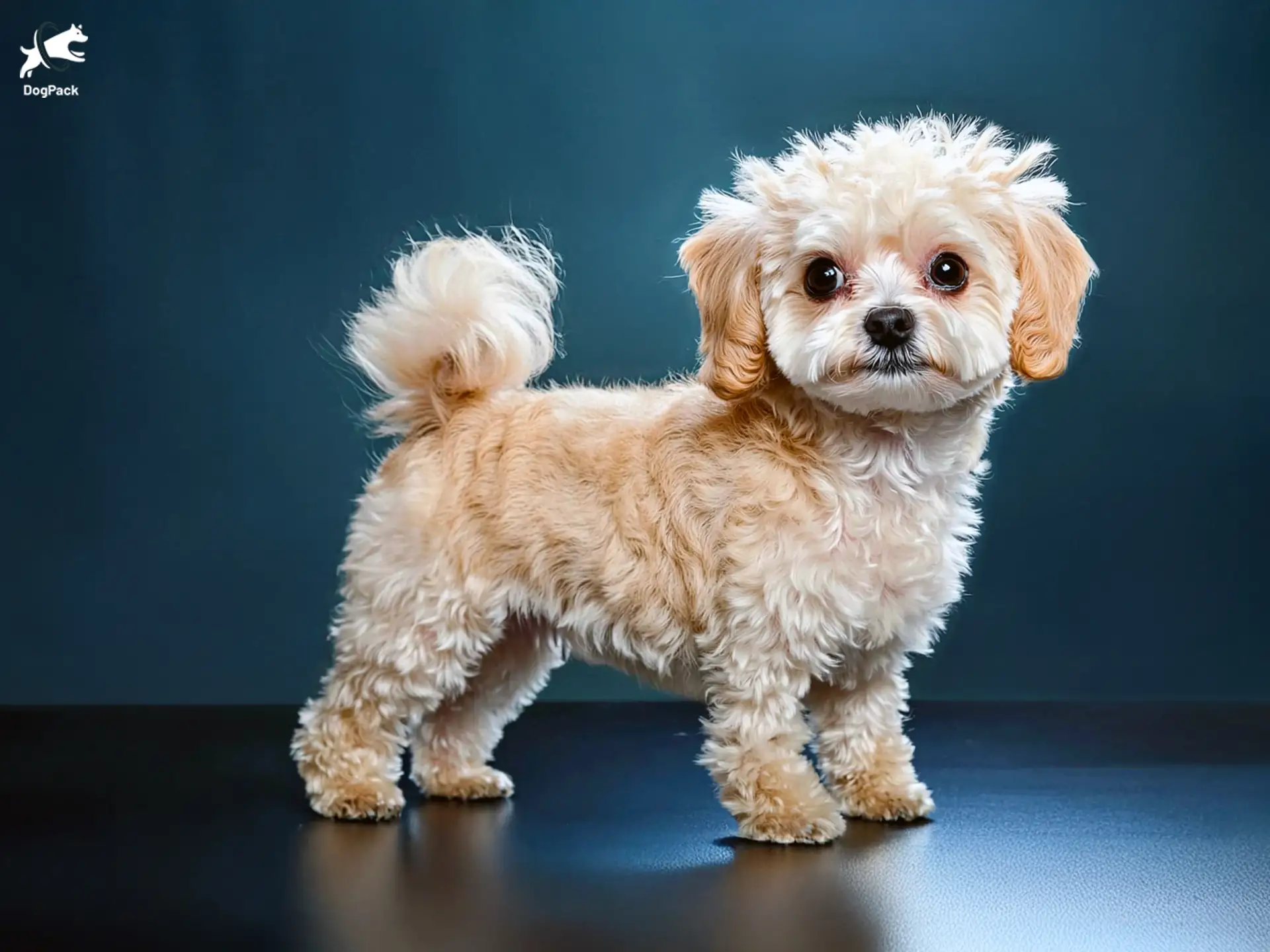 Chi-Poo dog breed full body view standing against green background