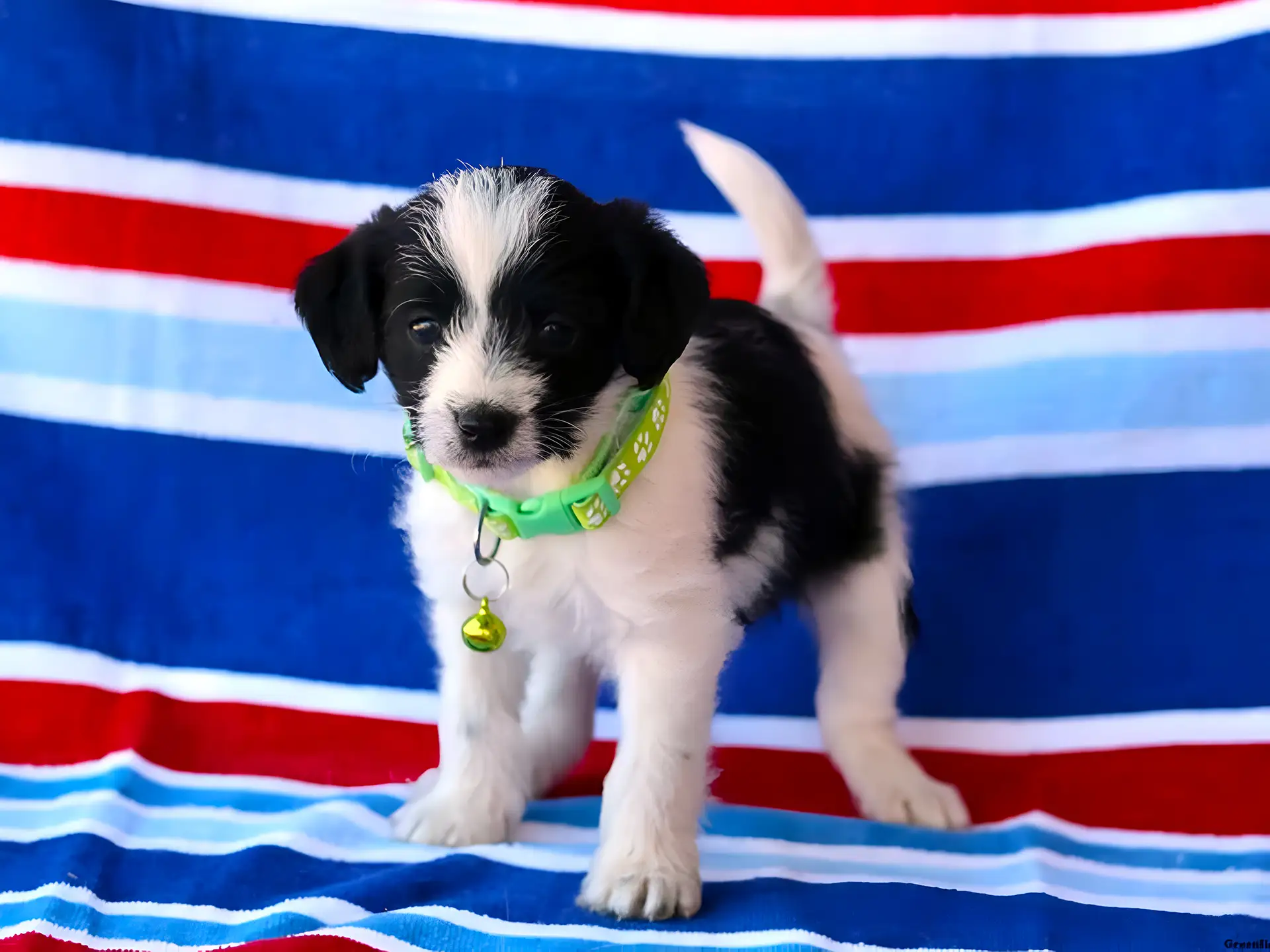 Chi-Poo puppy with a black and white coat, wearing a green collar with a bell, standing against a colorful striped background