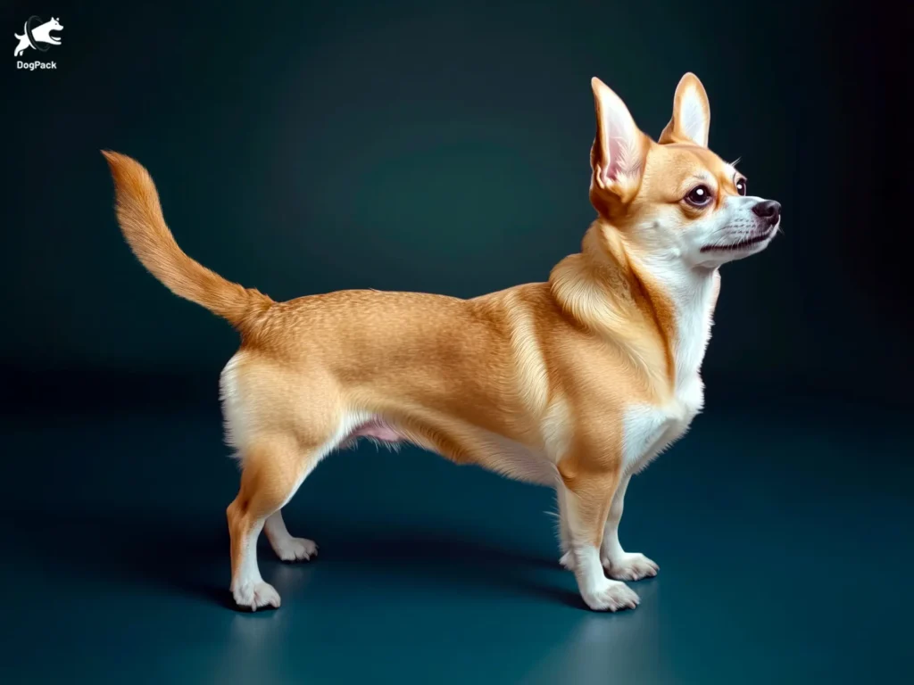 Chigi dog breed full body view standing against green background