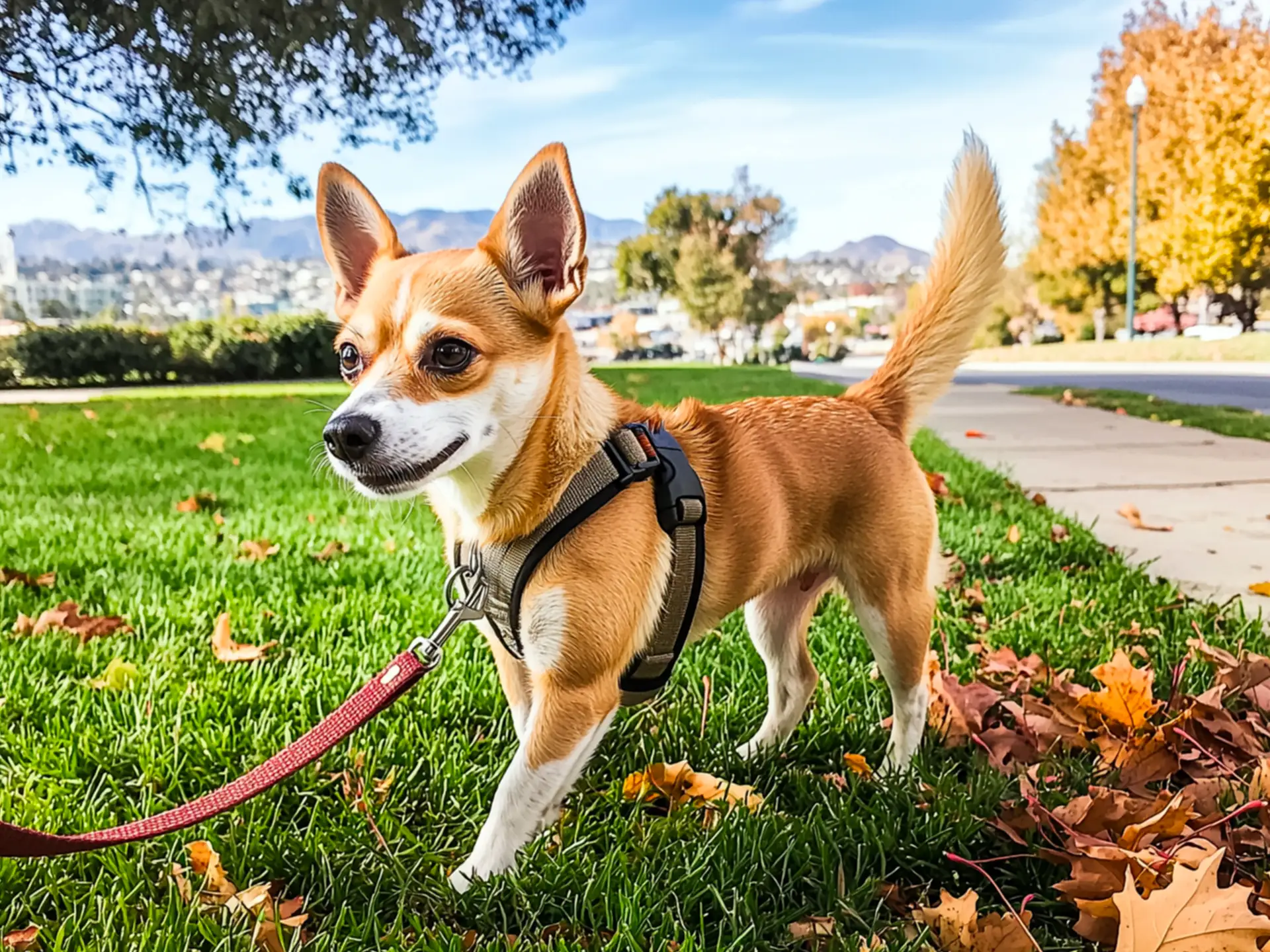 Chigi dog standing on a grassy area with fall leaves, wearing a harness and leash on a bright day