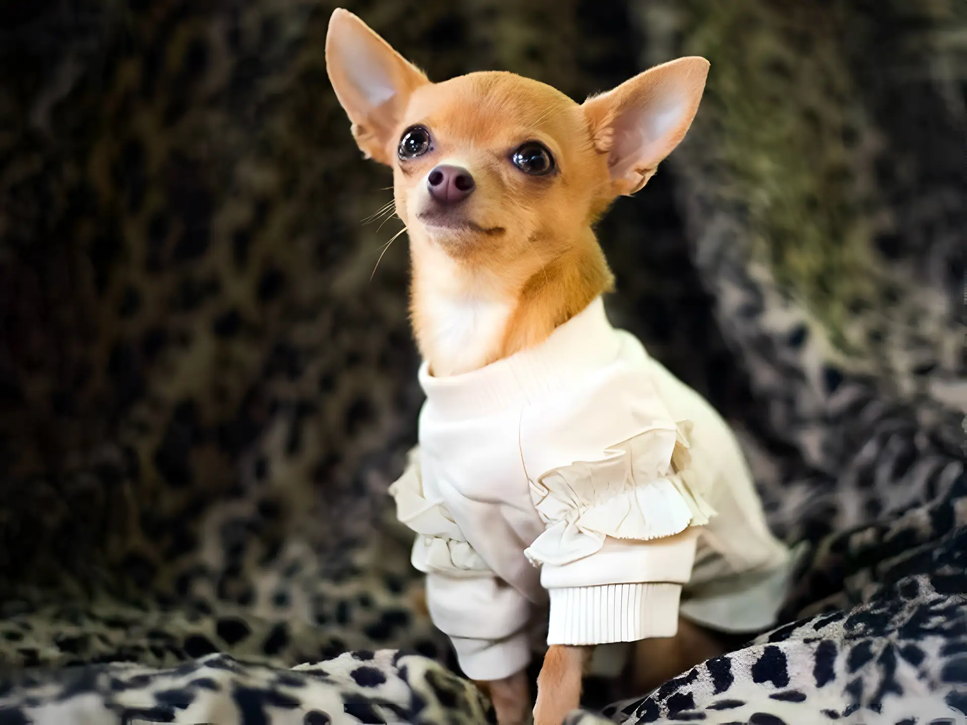 Chihuahua in a ruffled sweater sitting against a leopard-patterned background