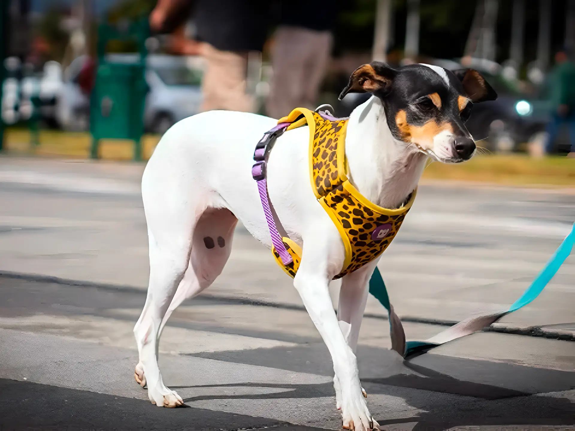 Chilean Terrier dog wearing a leopard-print harness, walking on a leash outdoors