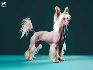 Chinese Crested dog breed full body view standing against green background