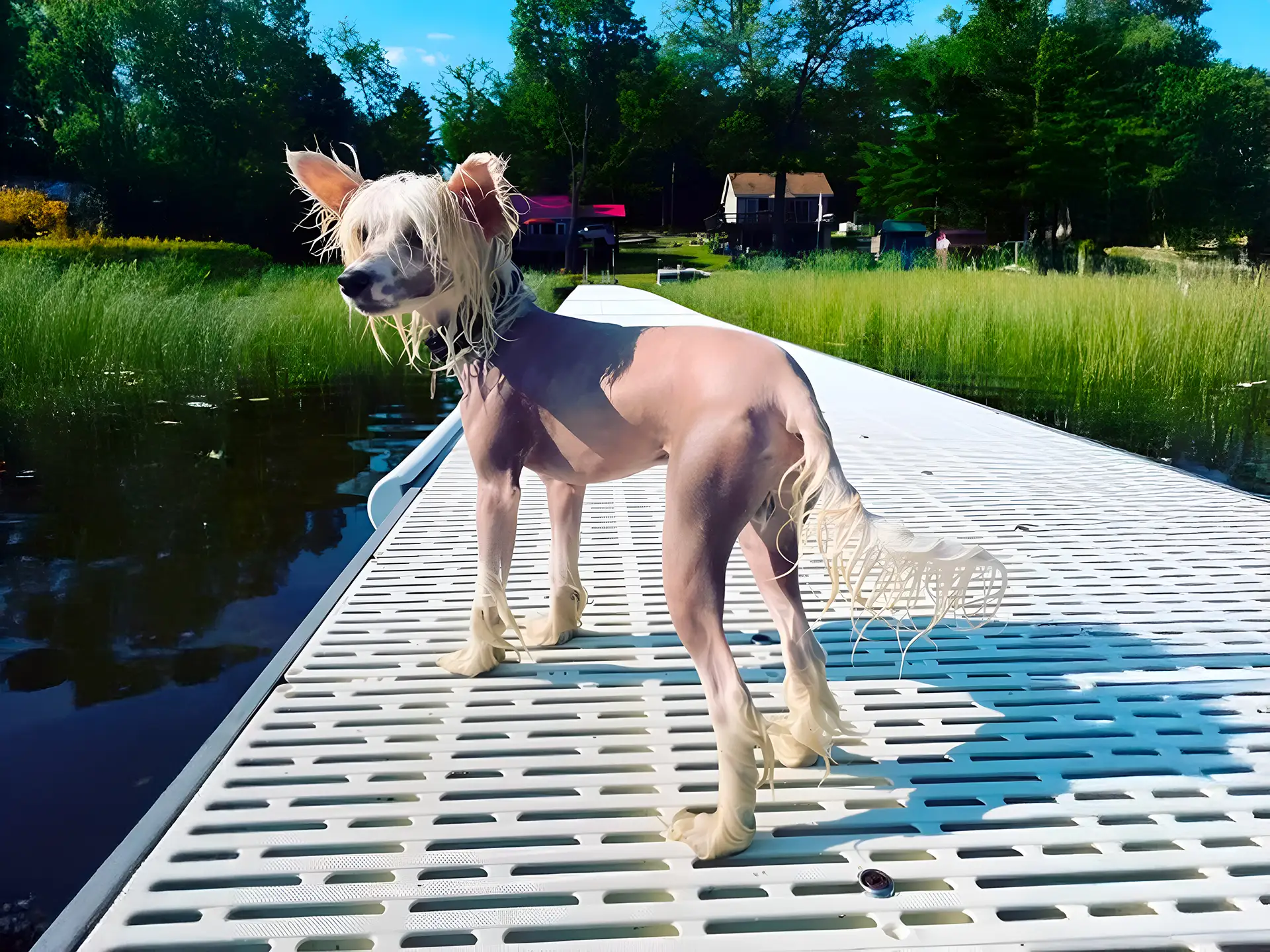 Chinese Crested dog standing on a dock by a lake with green reeds and trees in the background