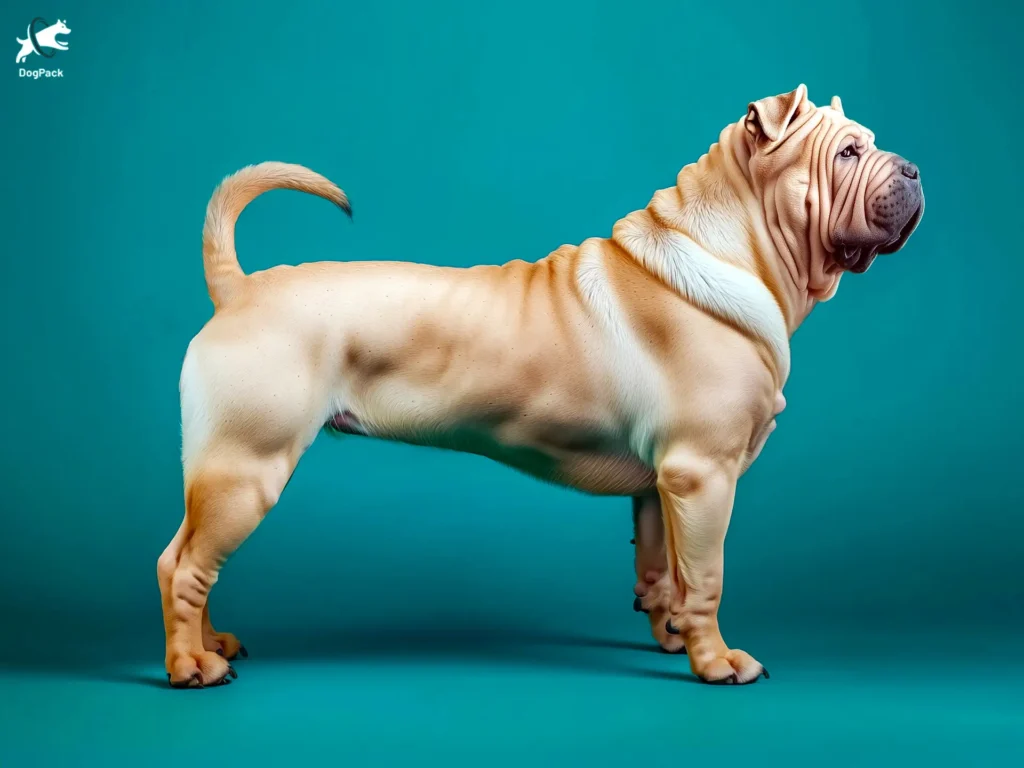 Chinese Shar Pei dog breed full body view standing against green background