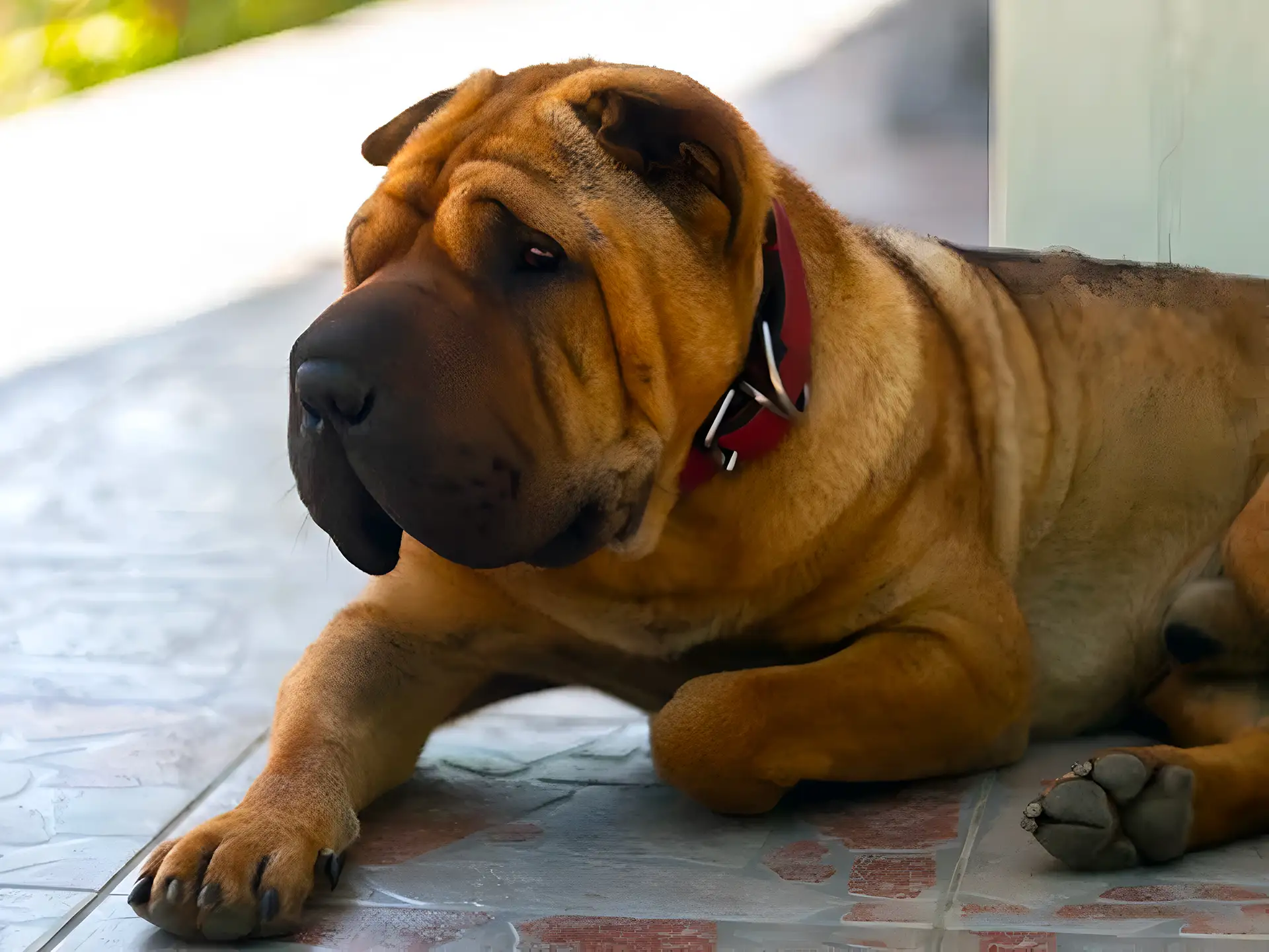 Chinese Shar-Pei dog with a wrinkled face and red collar resting on a tiled floor