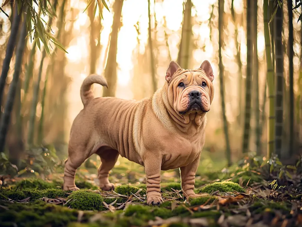 Chinese Shar-Pei standing in a bamboo forest, showcasing wolf-like traits with its wrinkled coat, triangular ears, and muscular build in a serene natural setting.