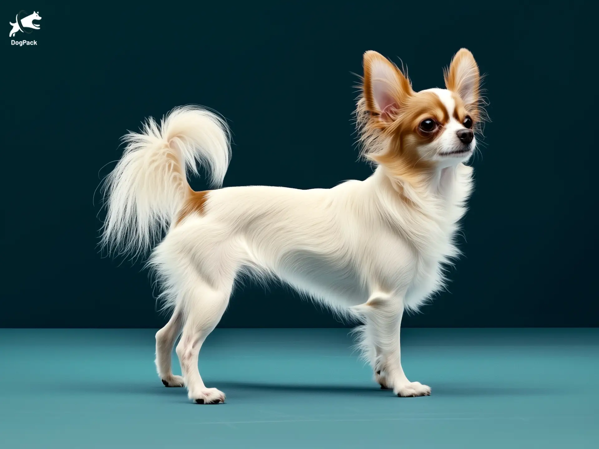 Chion dog breed full body view standing against green background