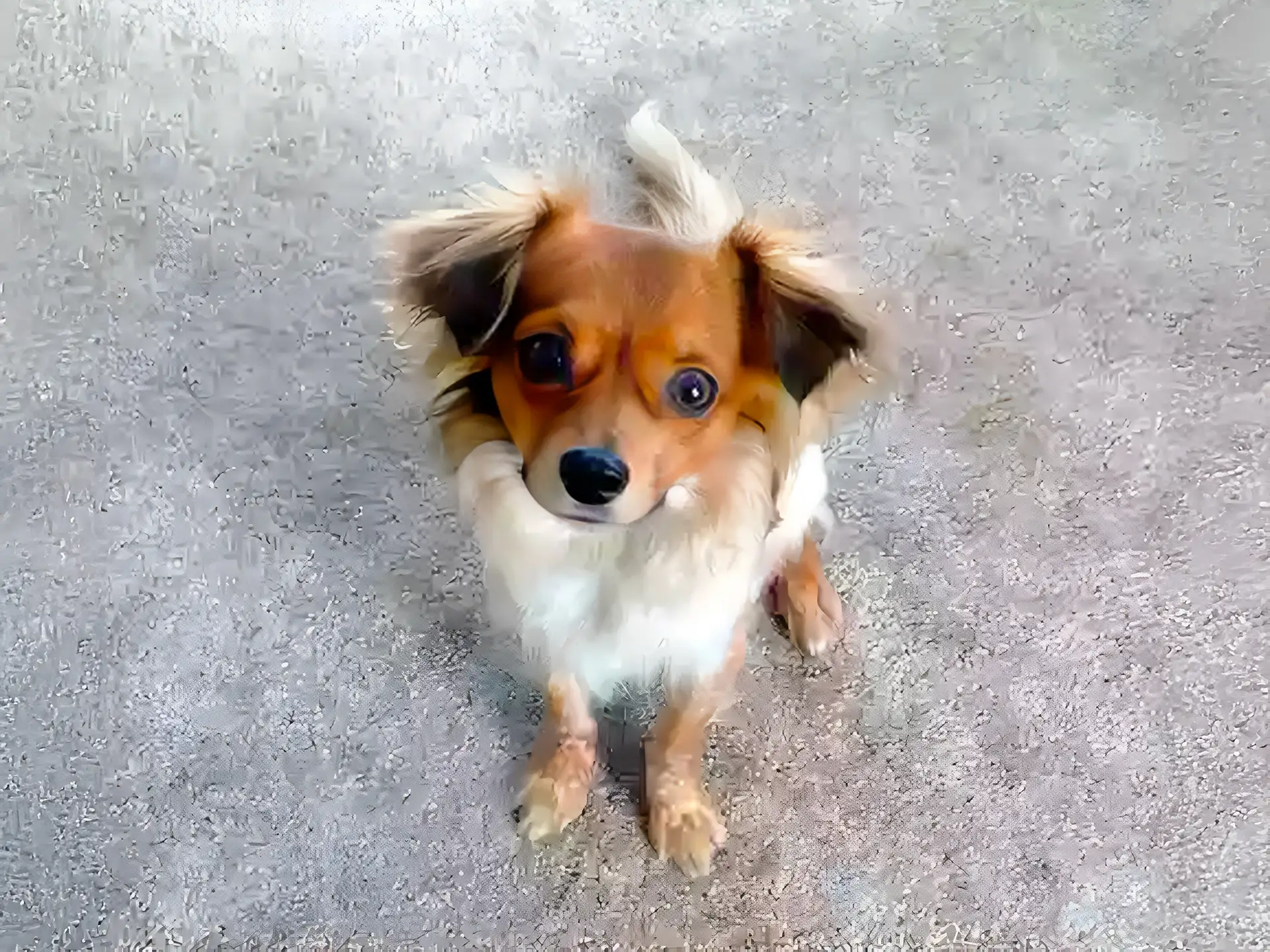 Chion dog with fluffy ears and expressive eyes sitting on a carpet, looking up