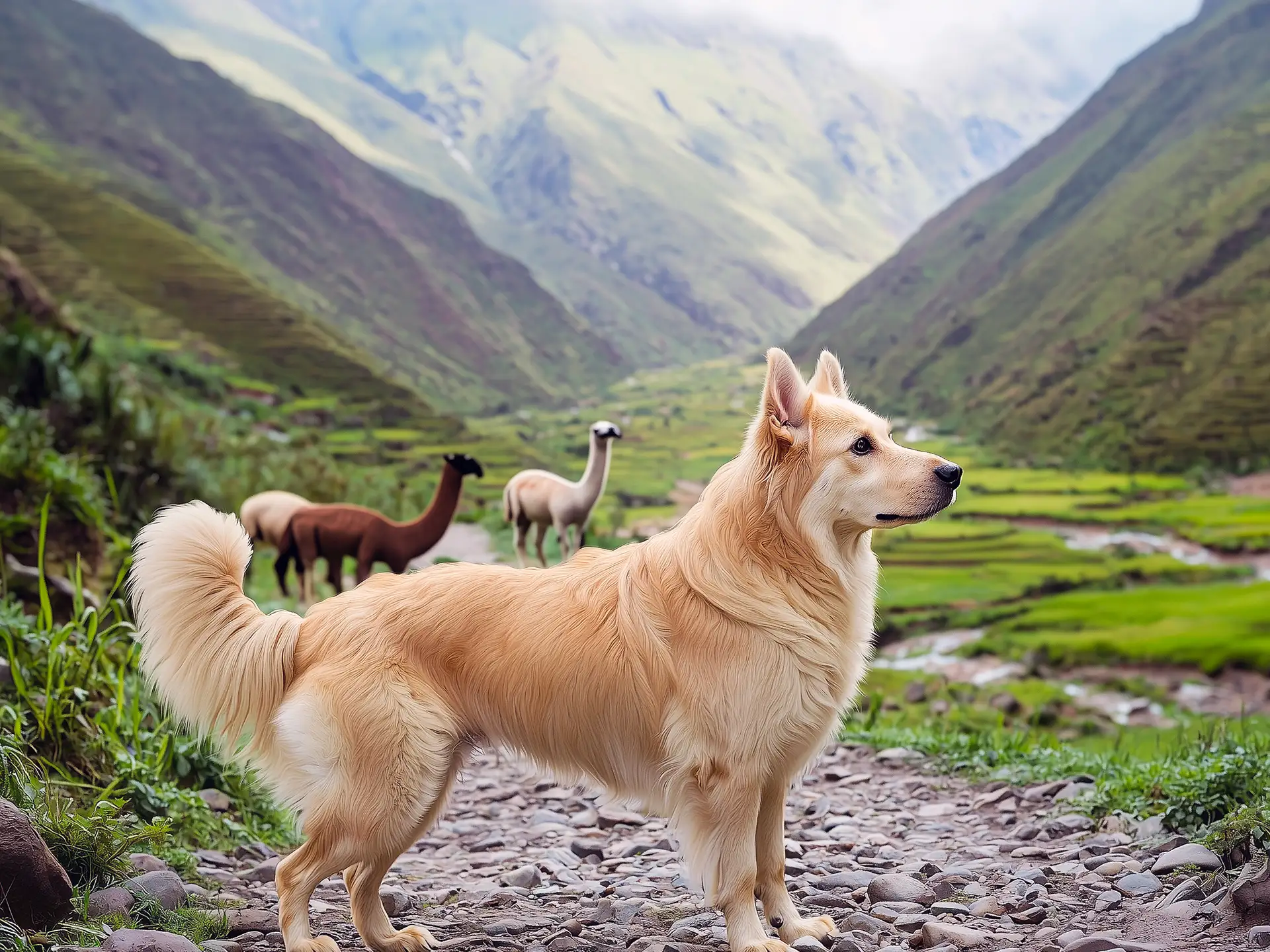 Chiribaya Shepherd dog in a Peruvian valley with llamas grazing in the background