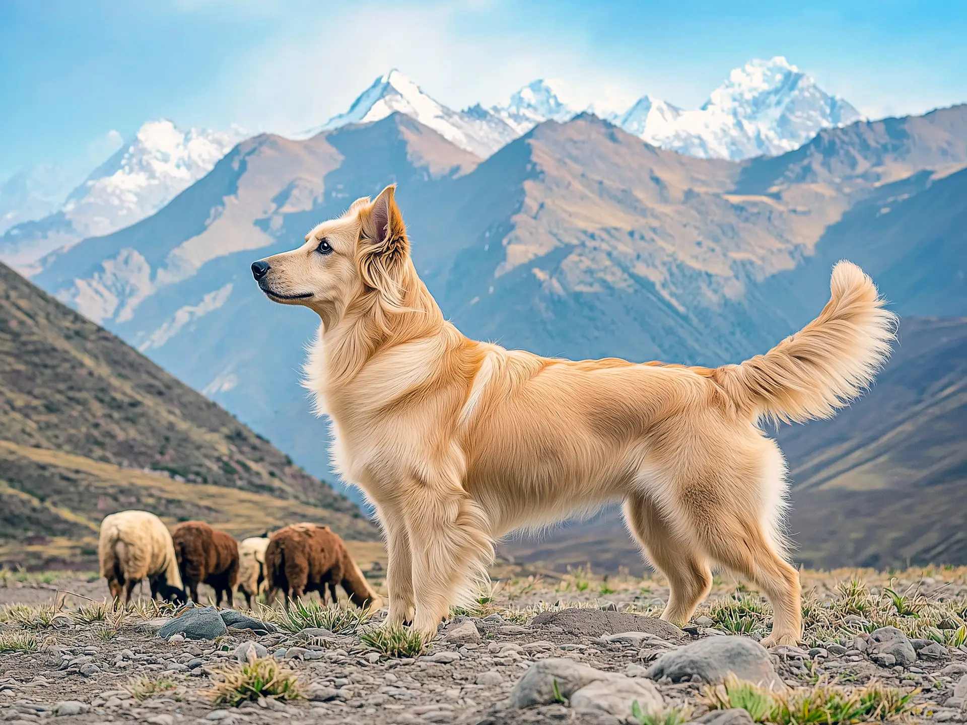 Chiribaya Shepherd dog standing on rocky terrain with mountains and sheep in the background