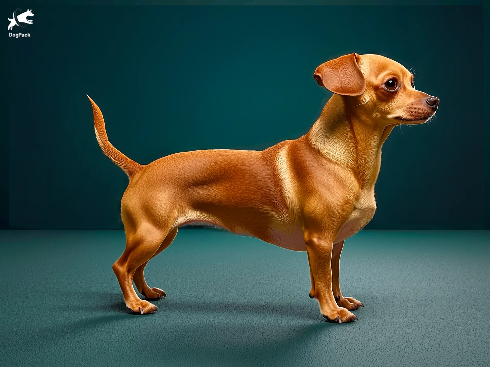 Chiweenie dog breed full body view standing against green background