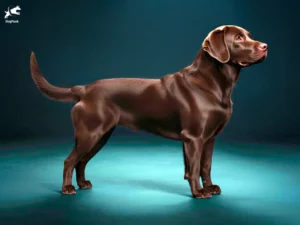 Chocolate Labrador dog breed full body view standing against green background