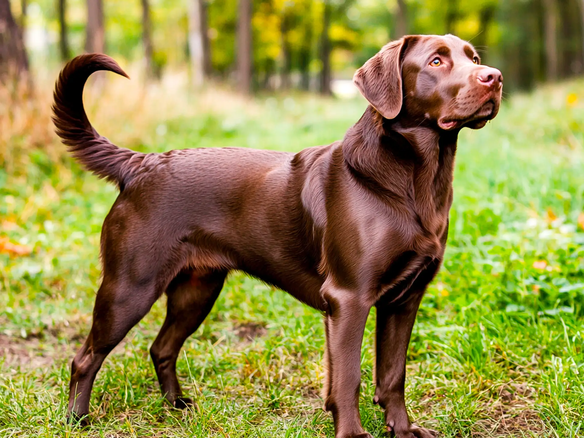 Chocolate Labrador Retriever standing outdoors, showcasing its glossy brown coat in a natural setting.