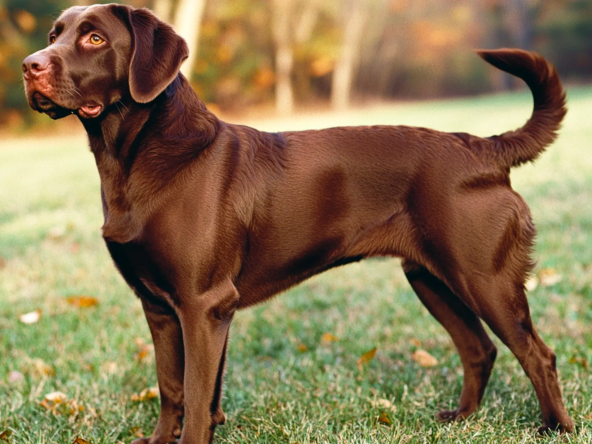 Chocolate Labrador Retriever standing on grass, showing its rich brown coat and alert posture