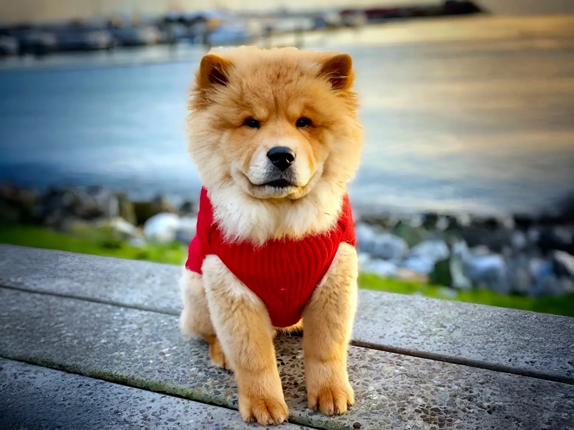 Adorable Chow Chow puppy wearing a red sweater, sitting outdoors by the water