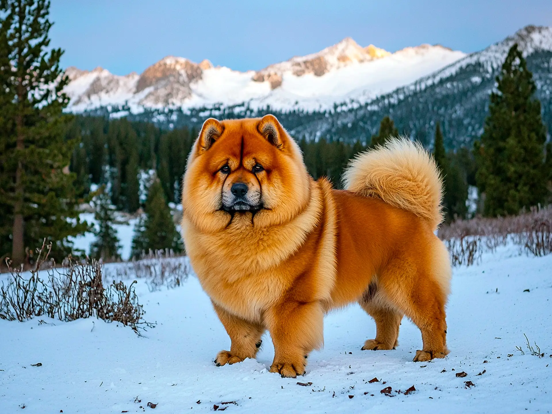 Chow Chow dog standing in a snowy mountain clearing, showcasing wolf-like traits with its thick double coat, triangular ears, and broad, ancient-looking face.