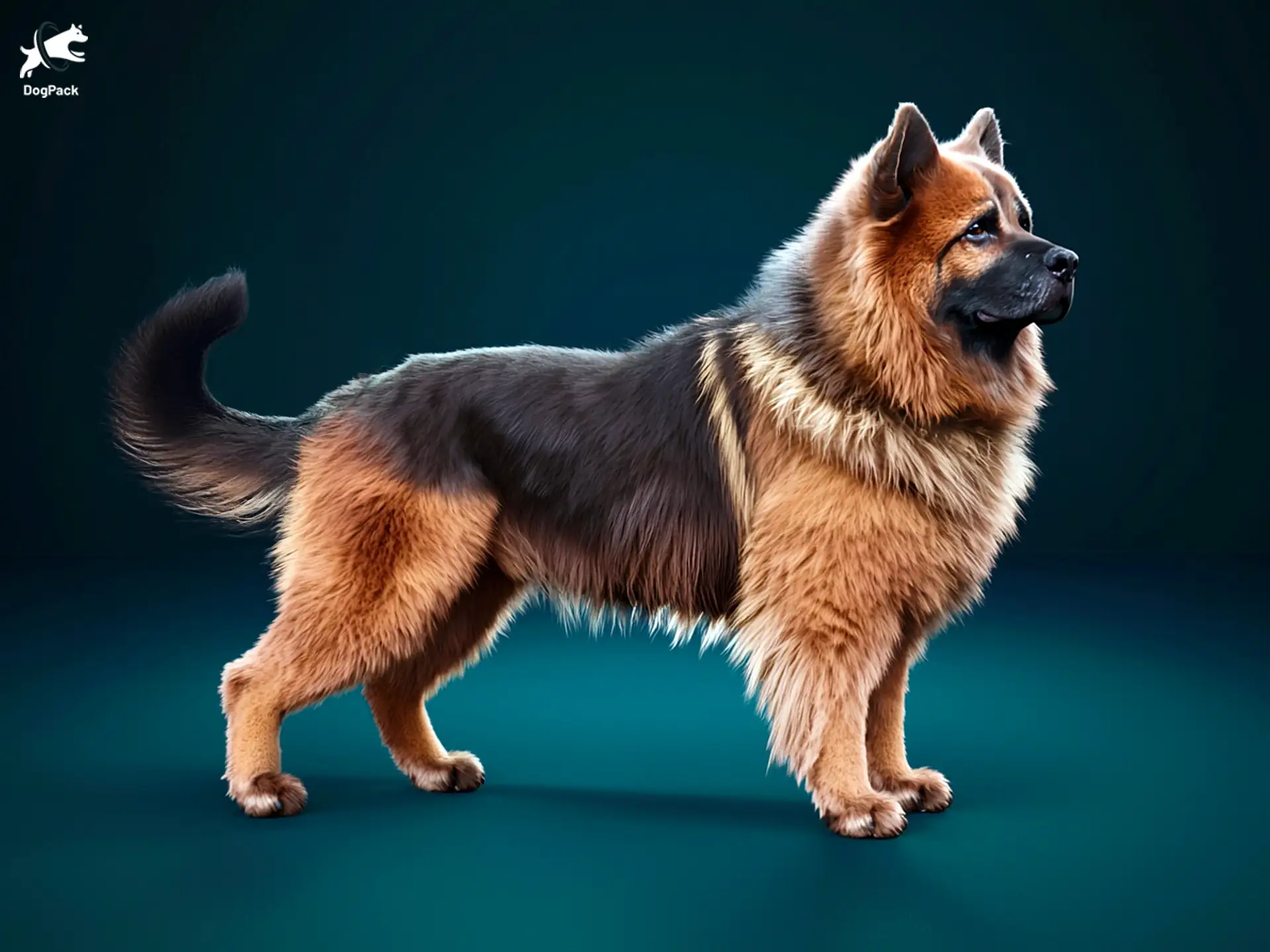 Chow Shepherd dog breed full body view standing against green background