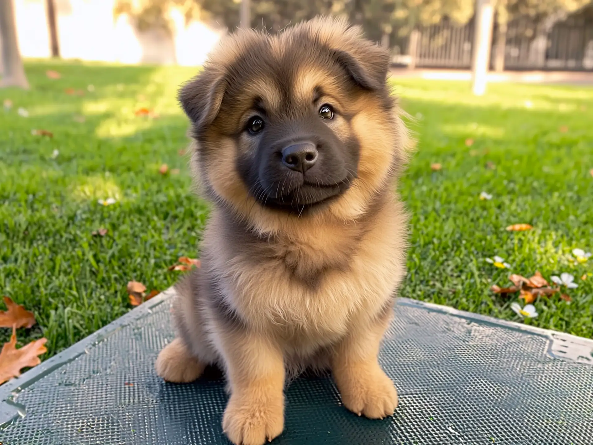 Cute Chow Shepherd puppy sitting on a mat in the grass, looking alert and playful.