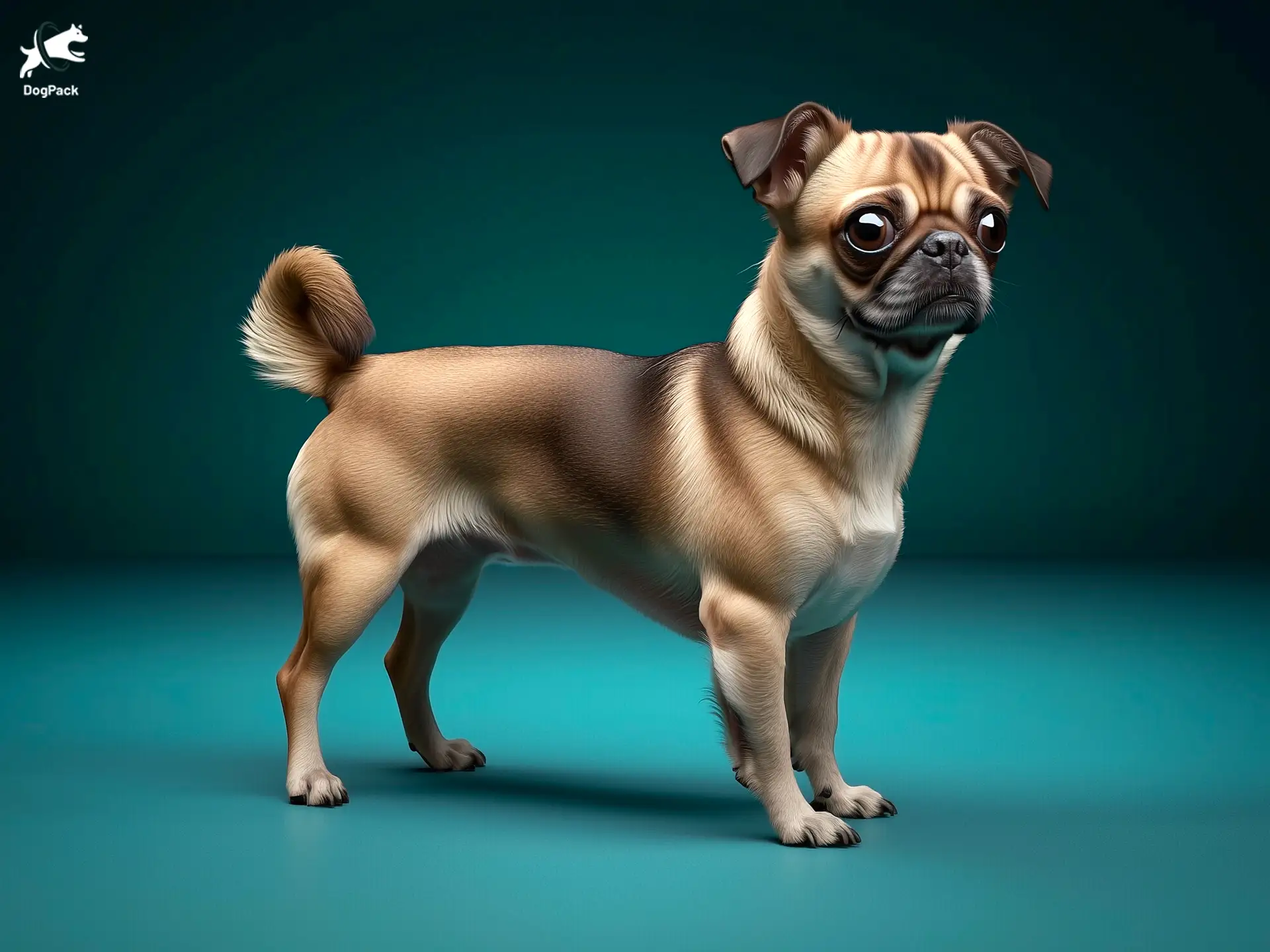 Chug dog breed full body view standing against green background