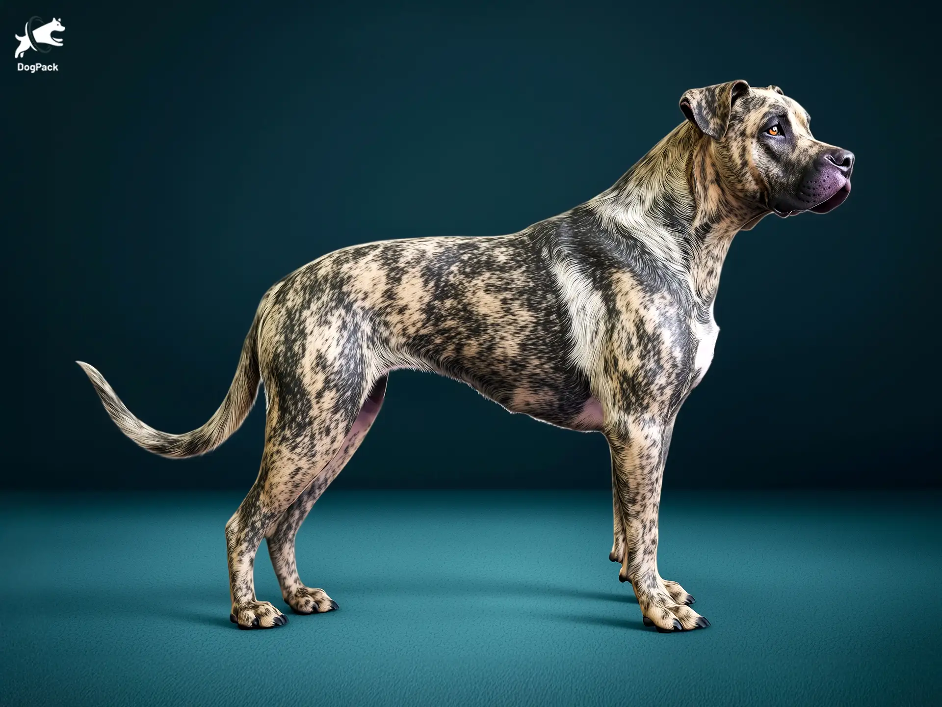 Cimarrón Uruguayo dog breed full body view standing against green background