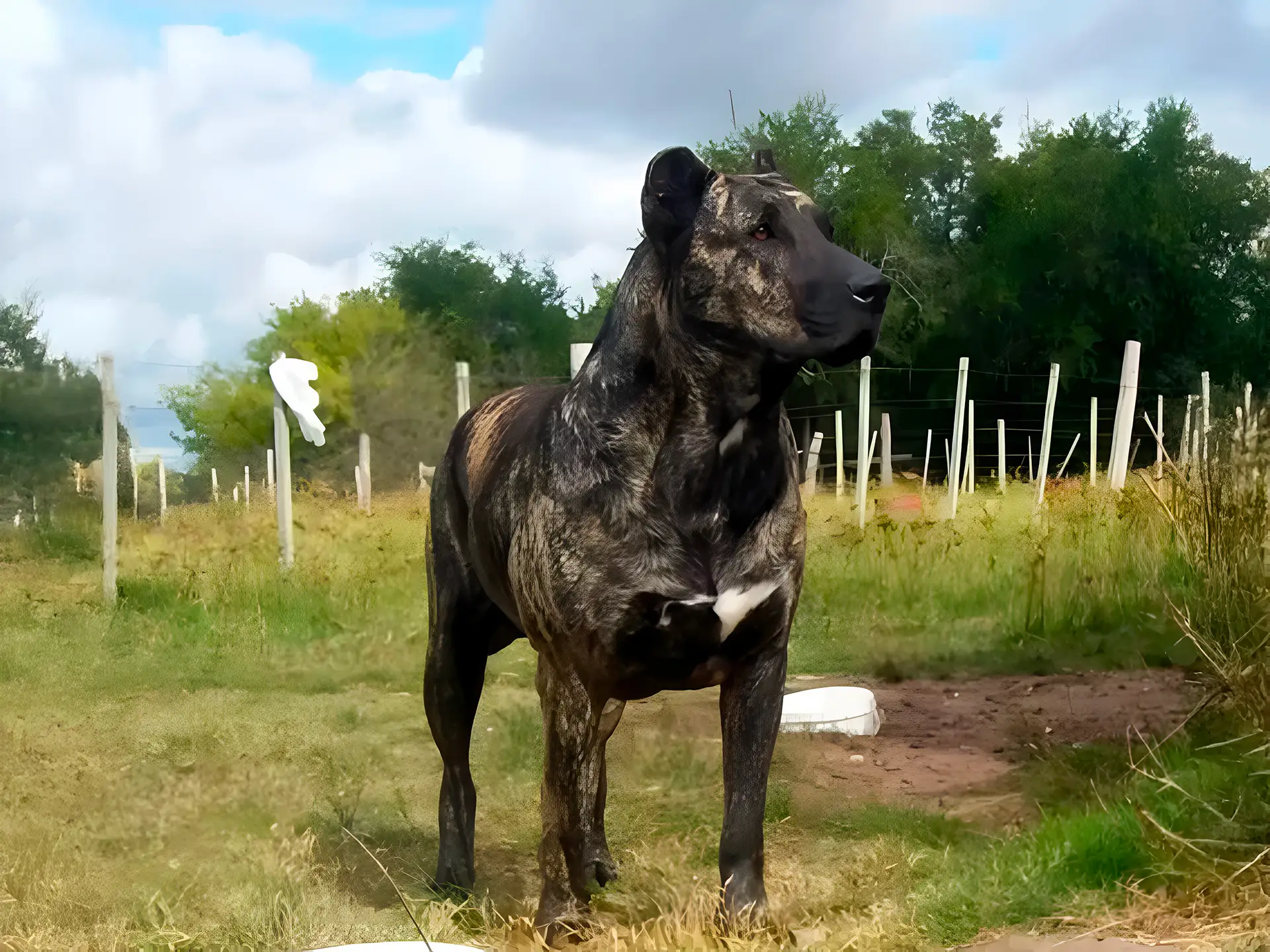 Cimarrón Uruguayo dog standing outdoors in a fenced field