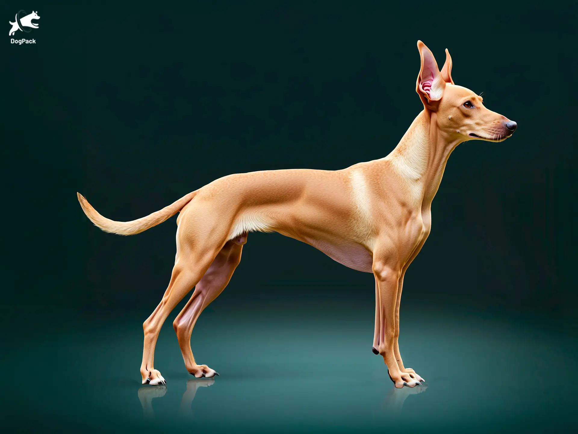 Cirneco dell'Etna dog breed full body view standing against green background