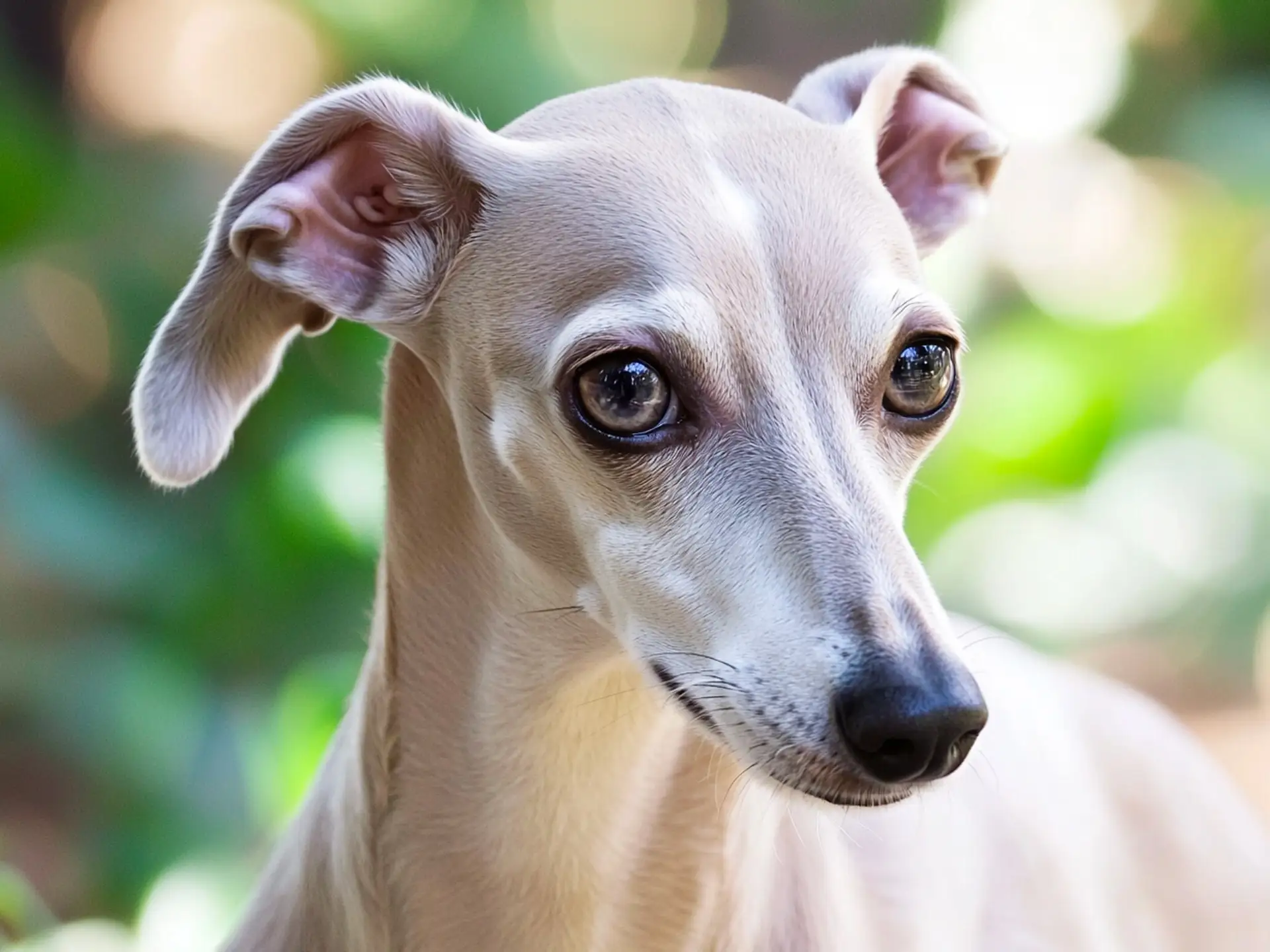 Close-up of a Whippet with light beige fur and expressive eyes