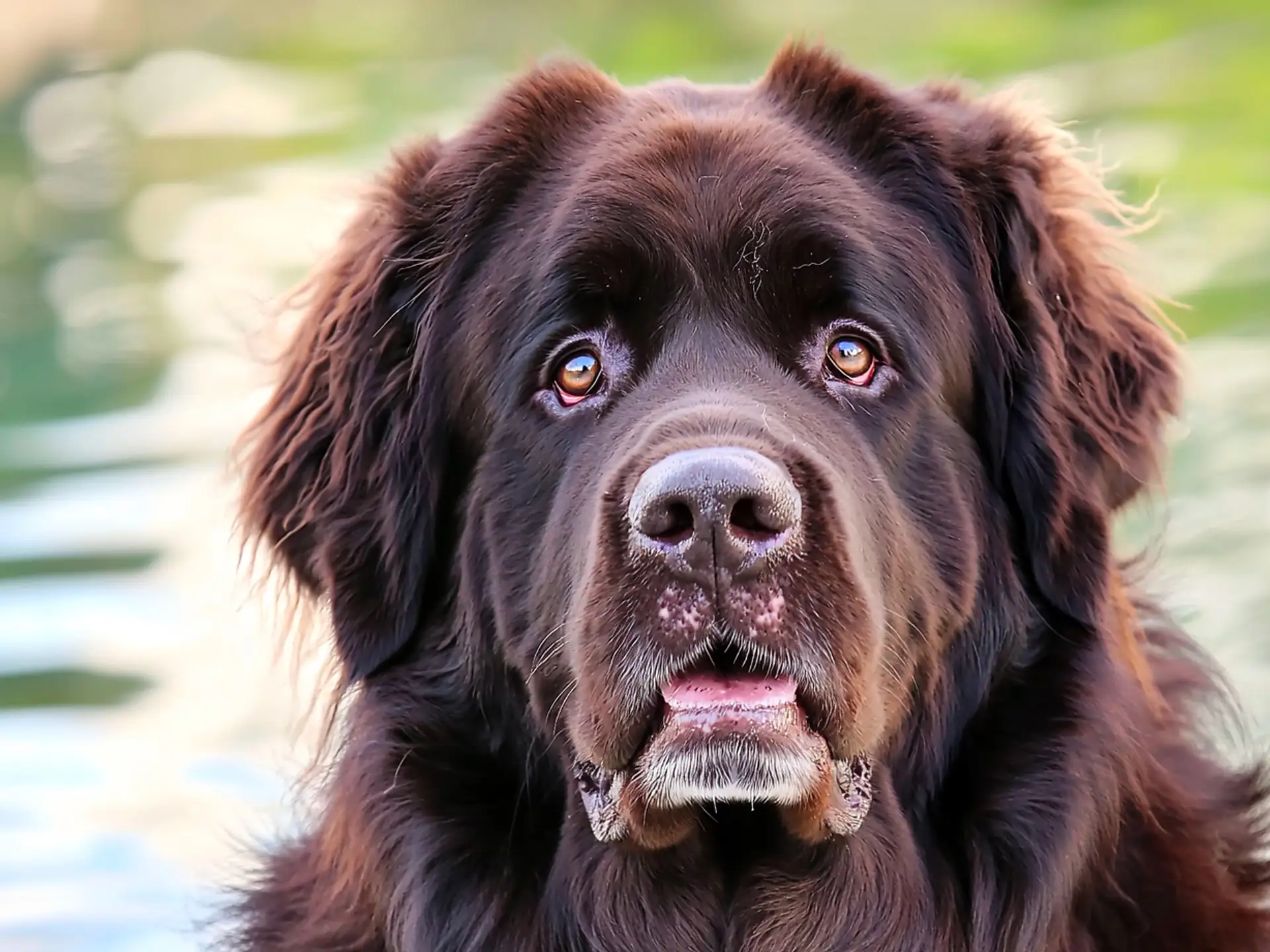 Close-up of a Newfoundland dog's face with soulful brown eyes.