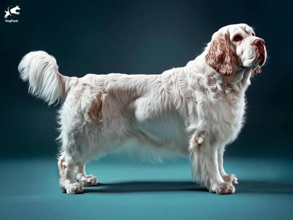 Clumber Spaniel dog breed full body view standing against green background