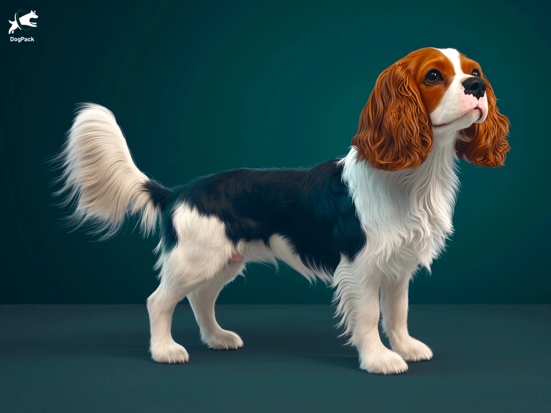 Cockalier dog breed full body view standing against green background