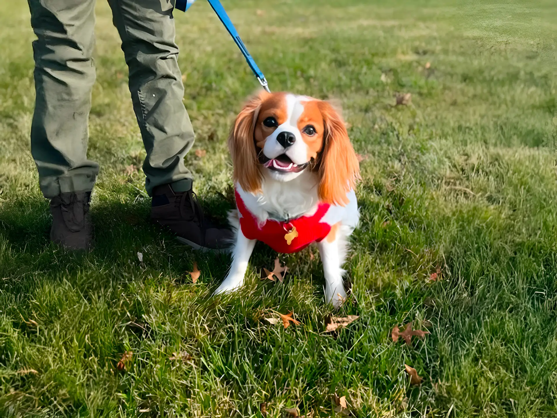 Cockalier dog wearing a red sweater, standing on grass